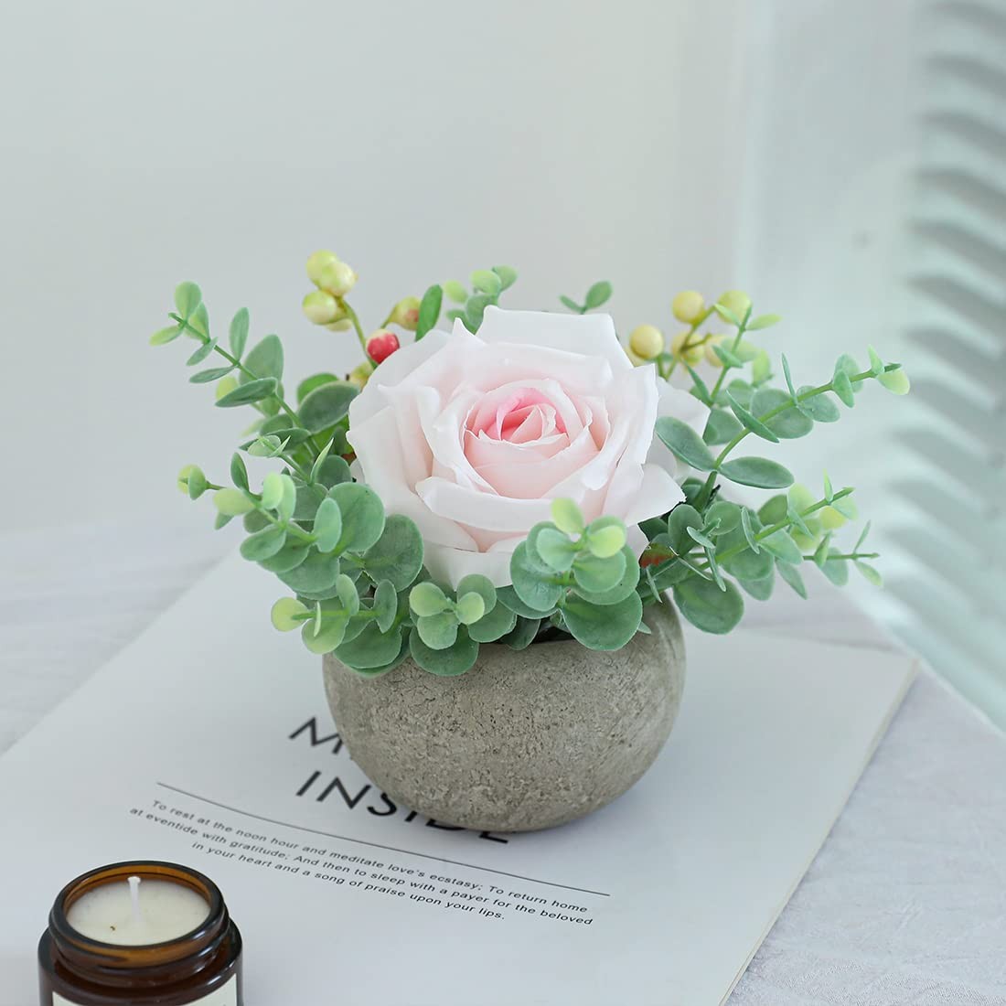 Small Artificial Light Pink Rose Potted Plant, 6″ Fake Silk Flowers in 3.5″ R…