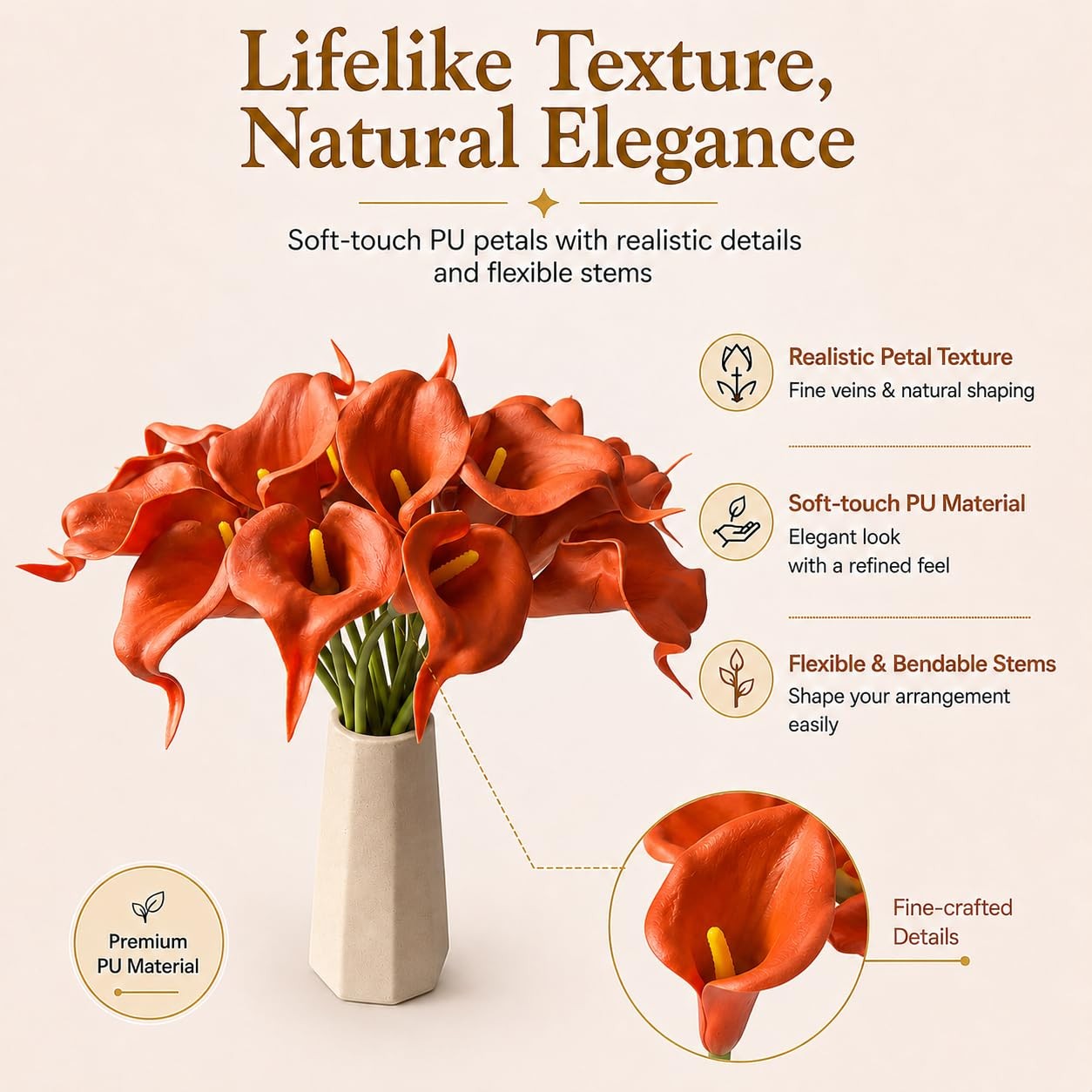 20pcs Burnt Orange Calla Lily Artificial Flowers