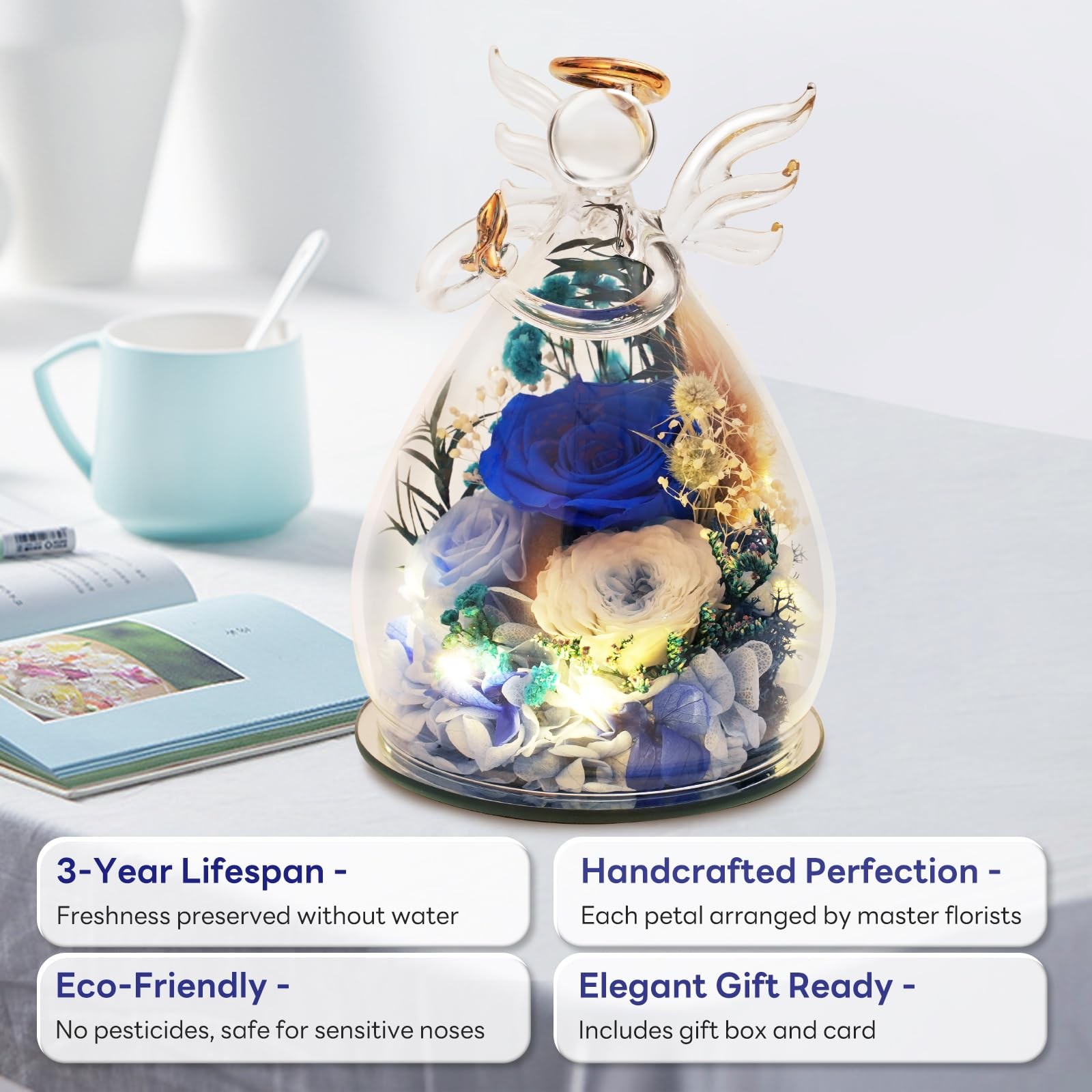 Blue Preserved Rose Angel Figurine Christian Memorial Sympathy Gift For Her