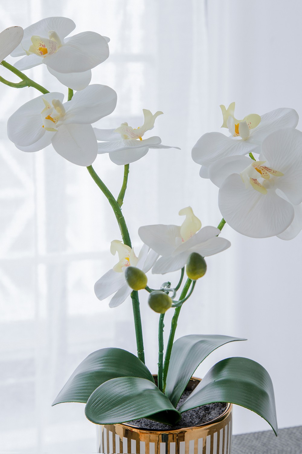 Artificial White Orchid Plant in Gold Striped Pot 20.5″H