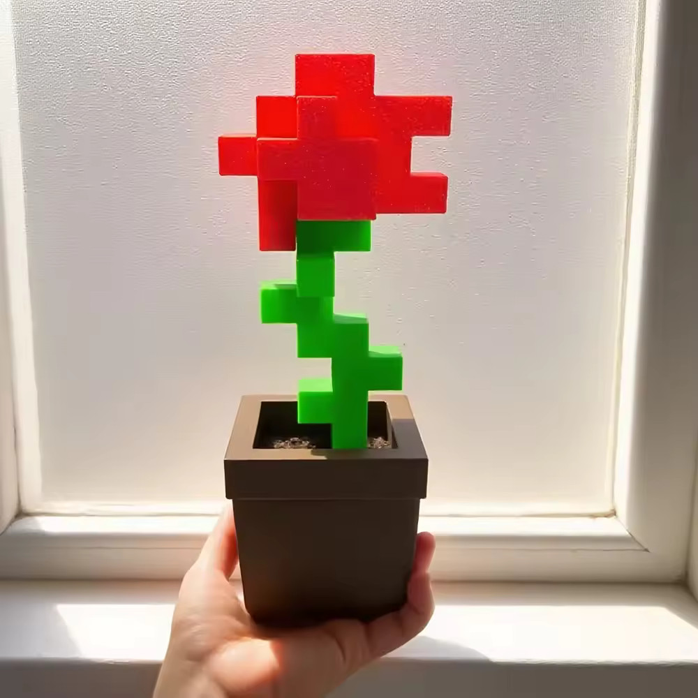 Pixel Rose Flower Ornament 3D Printed Unique Plastic Desktop Decoration Gift