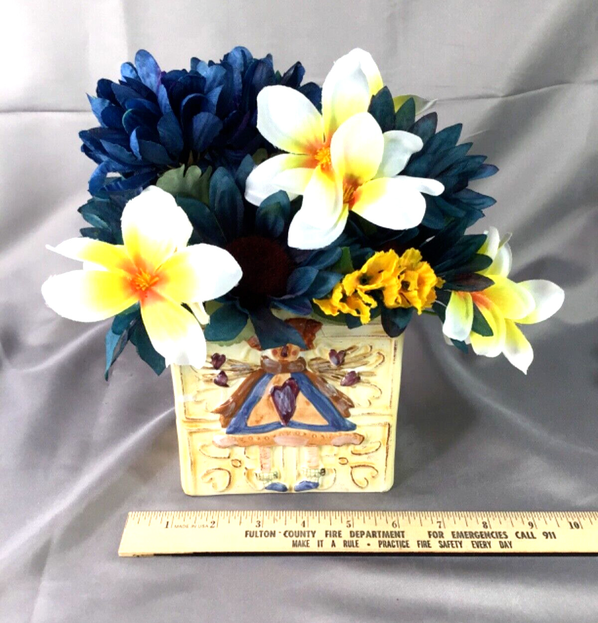 Square 5” Angel Planter Vase Gorgeous Blue White Yellow Floral Arrangement