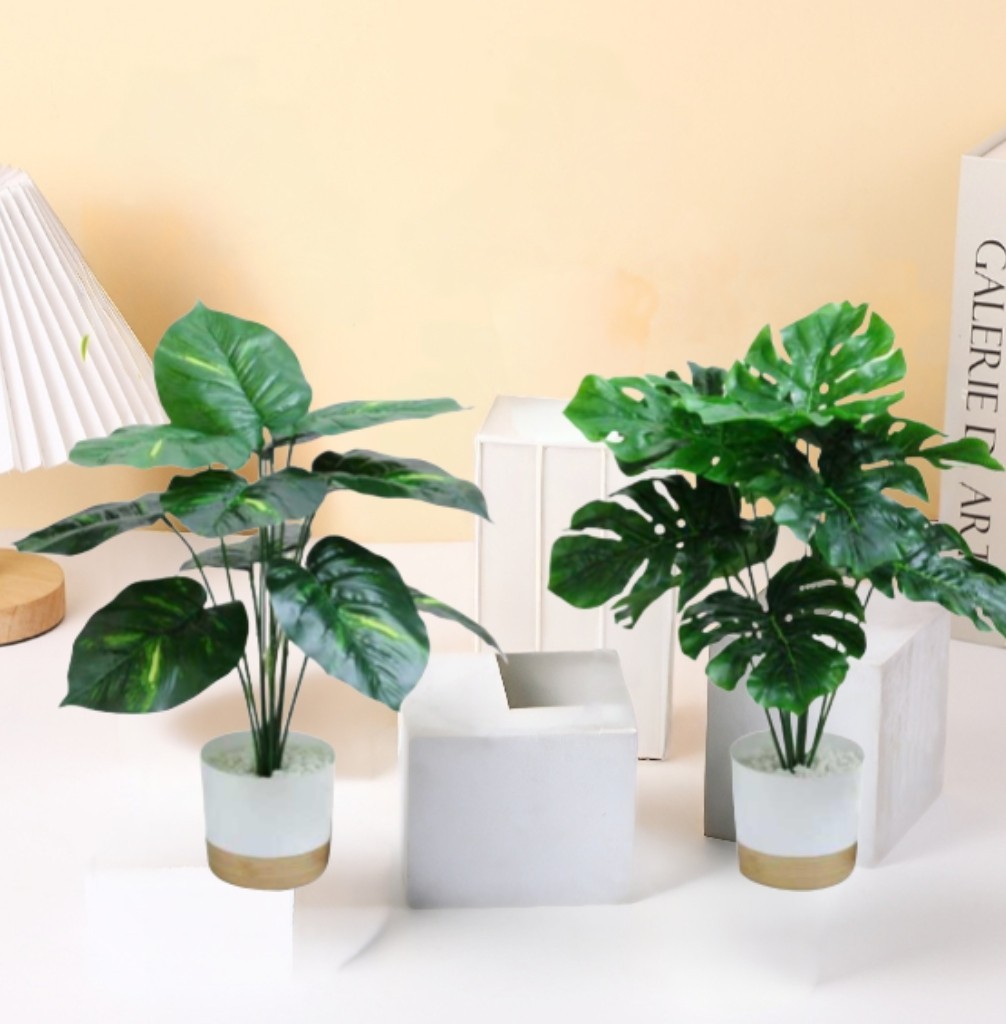 Artificial Tropical Plant Pair in White Pots for Low Maintenance Indoor Decor