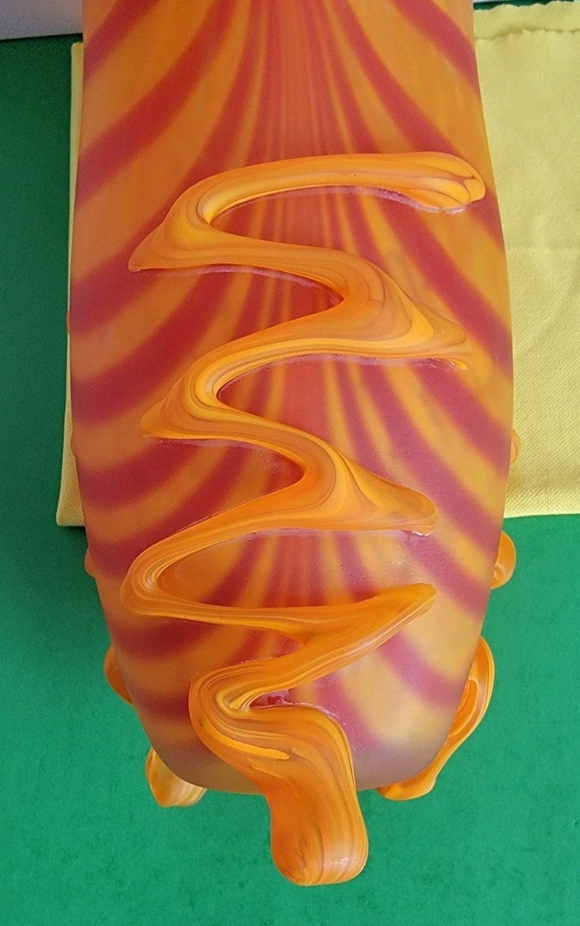 Art Glass 10.25″ x 4.5″ Vase – Orange & Red Swirled Vase With Three Feet