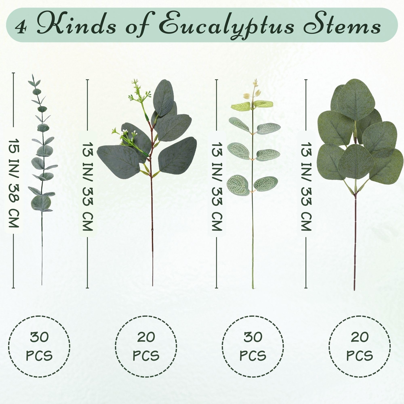 100 Pcs 4 Kinds Mixed Eucalyptus Stems Bulk Artificial Silver Dollar Eucalypt…