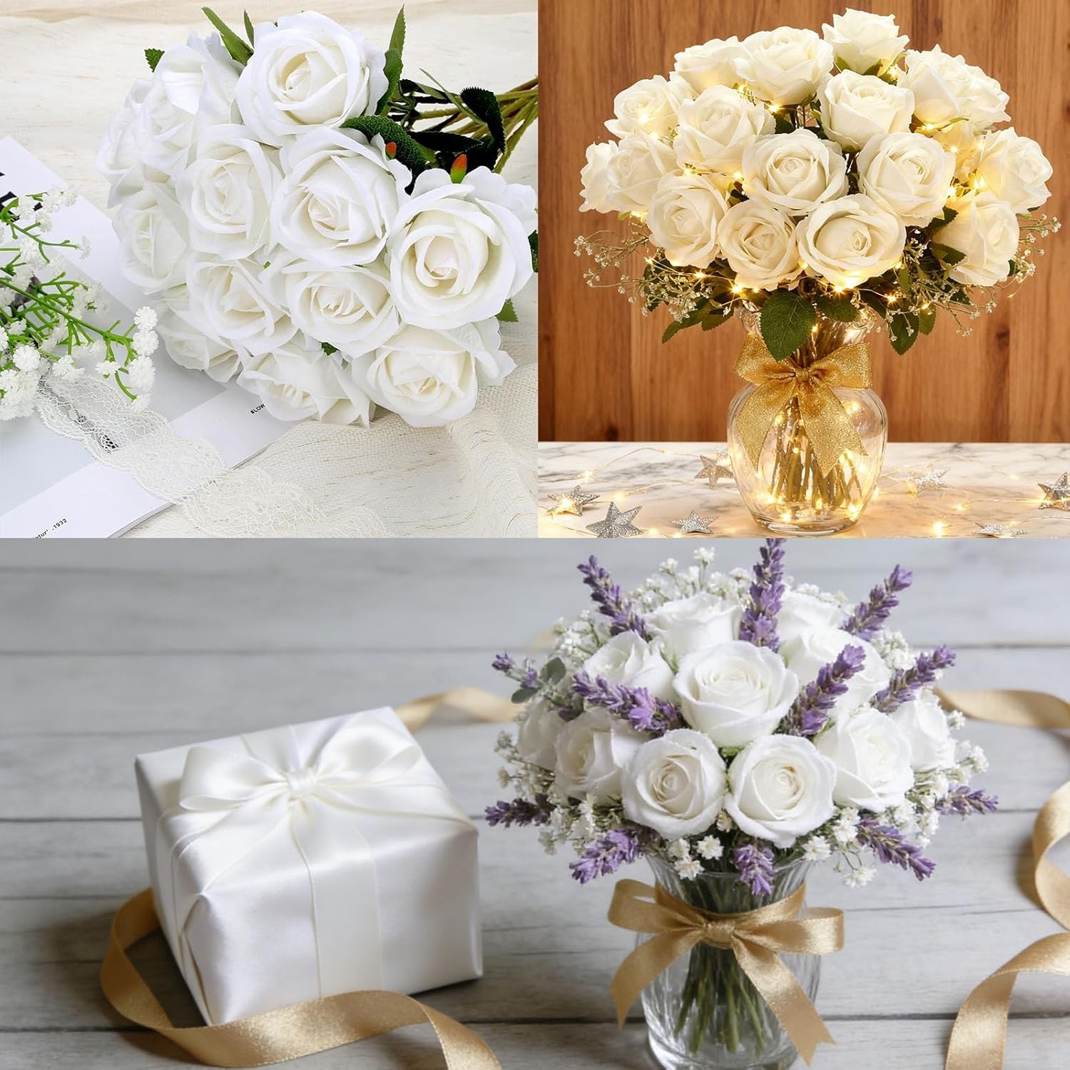 10-20 PACK Artificial Roses Flower White Silk with Single Stems Real Touch Gifts