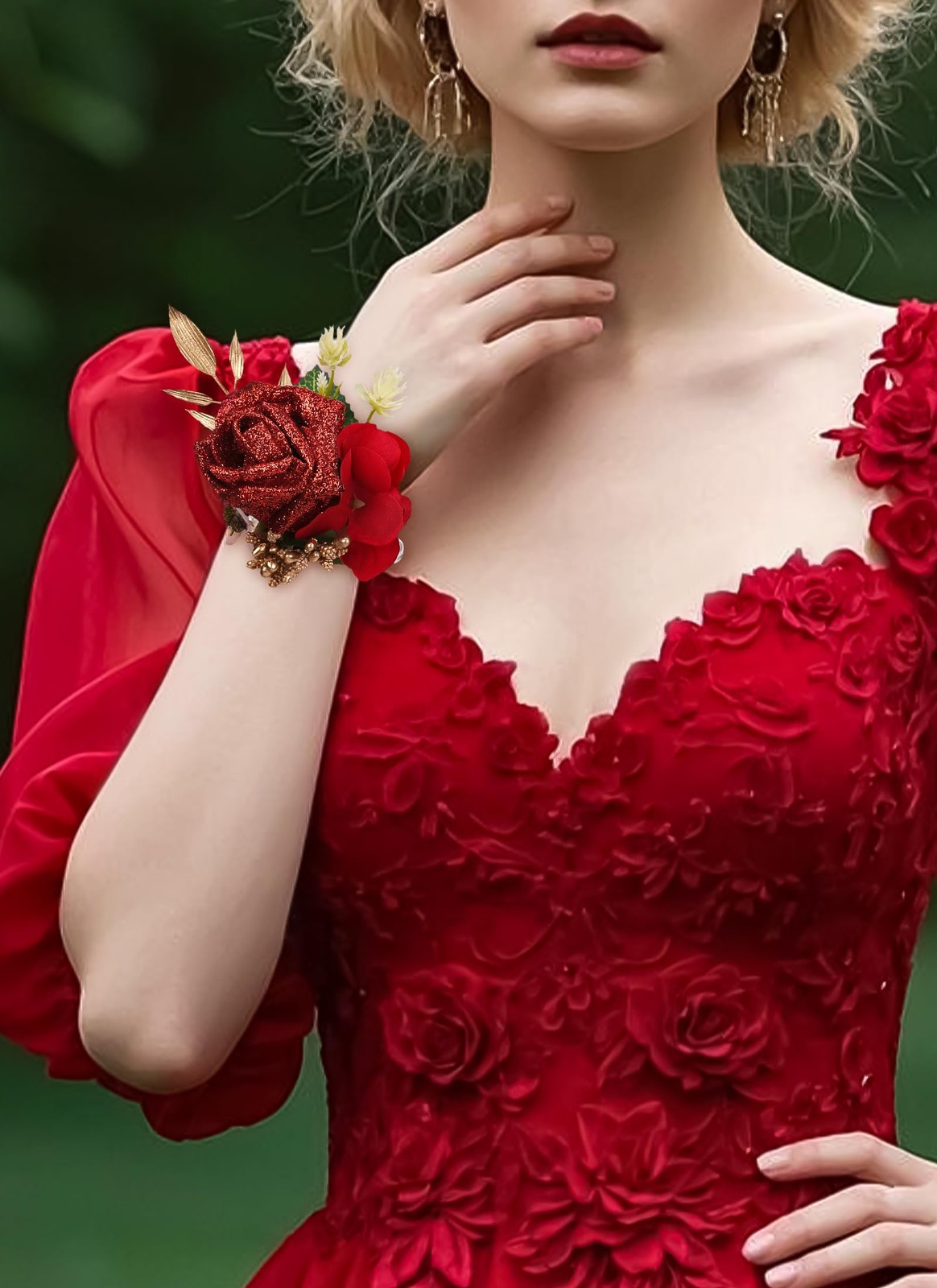 2 PCS Red Rose Boutonniere Corsage Set Artificial Flower Wristlet Wedding