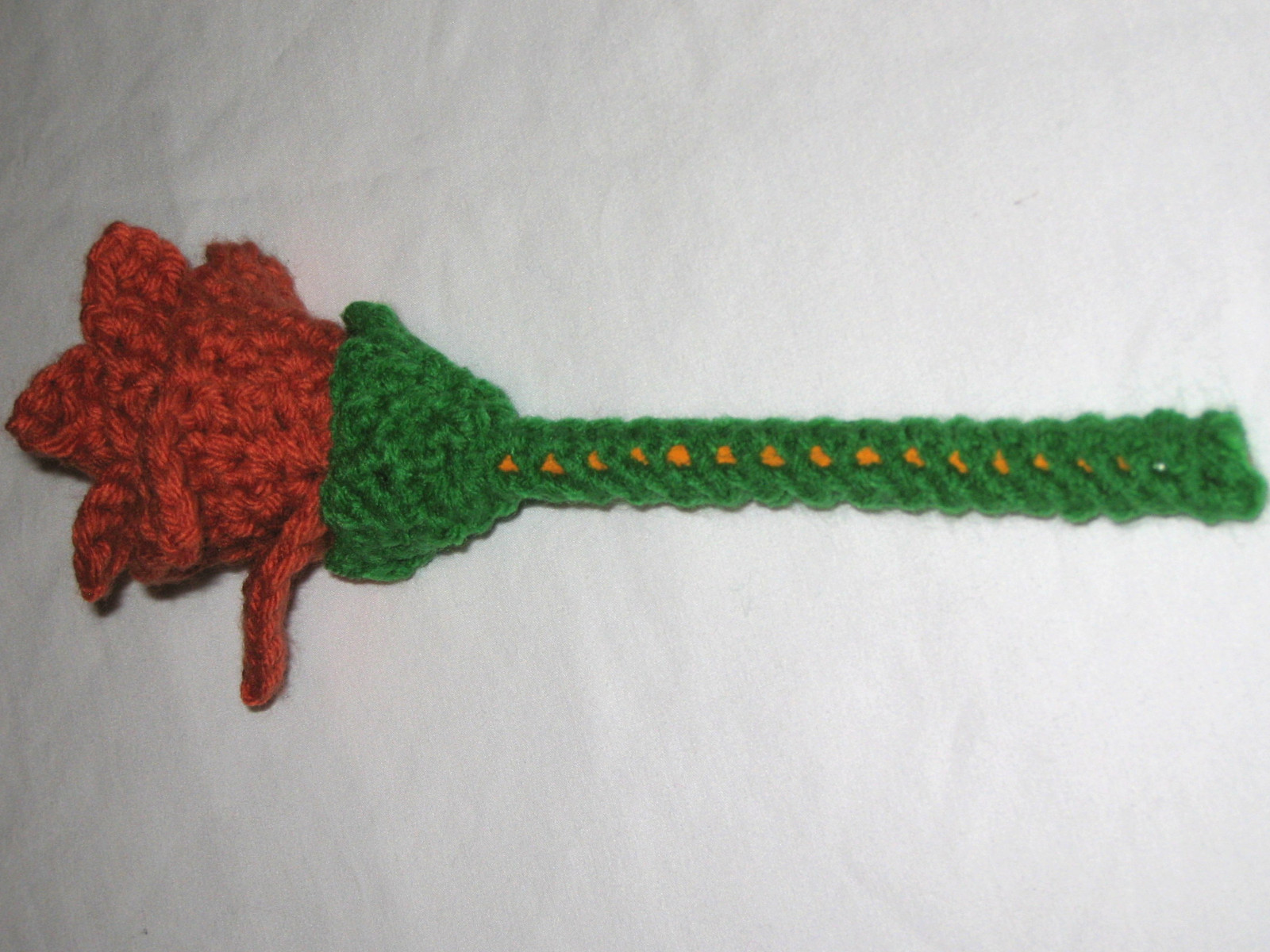 HANDMADE Knit CROCHETED Long GREEN Stem ORANGE ROSE Flower FLORAL Decor APPLIQUE