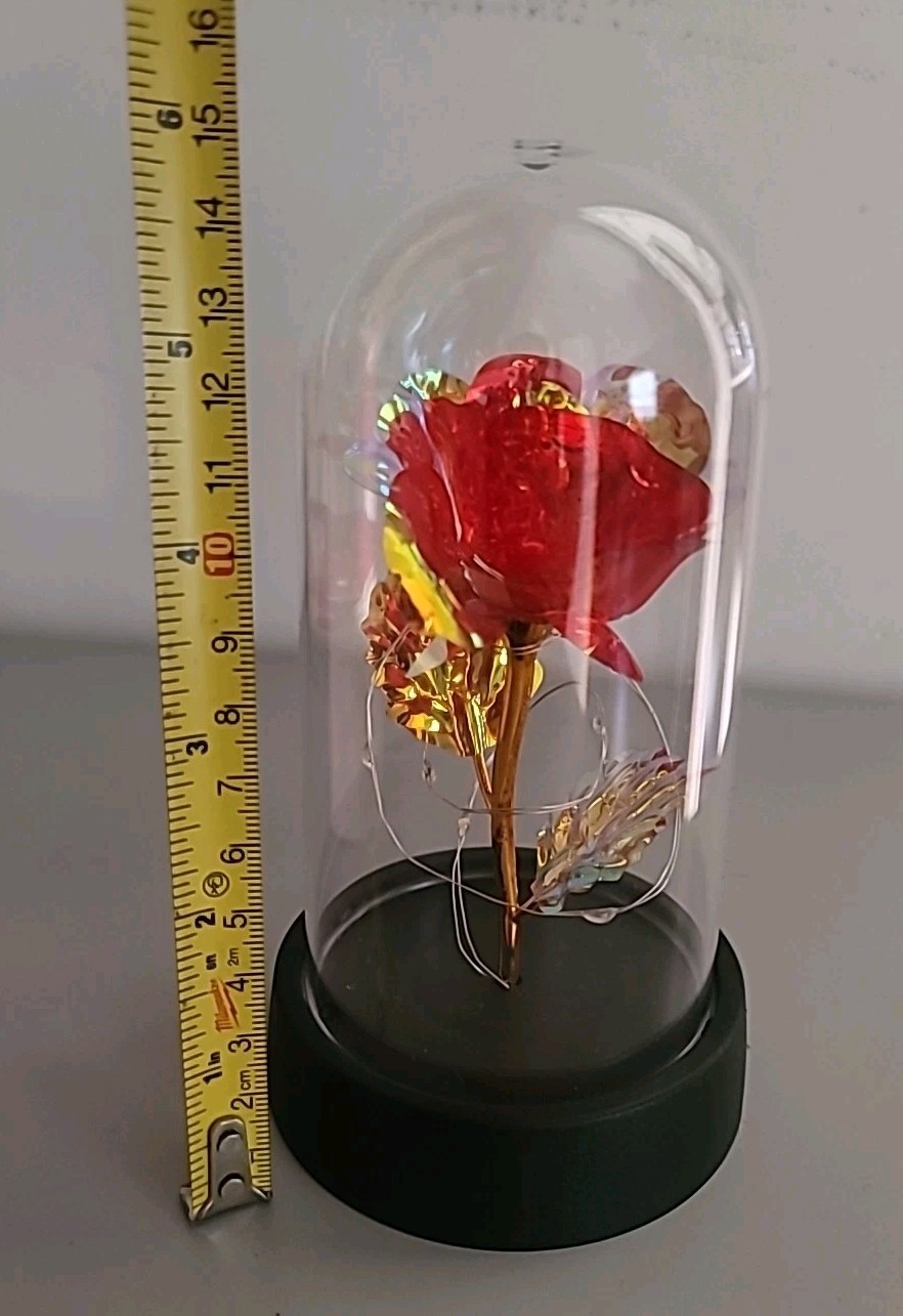 Red & Gold Rose Flower In Dome Glass LED Light Gift, Valentine, Wedding Decor