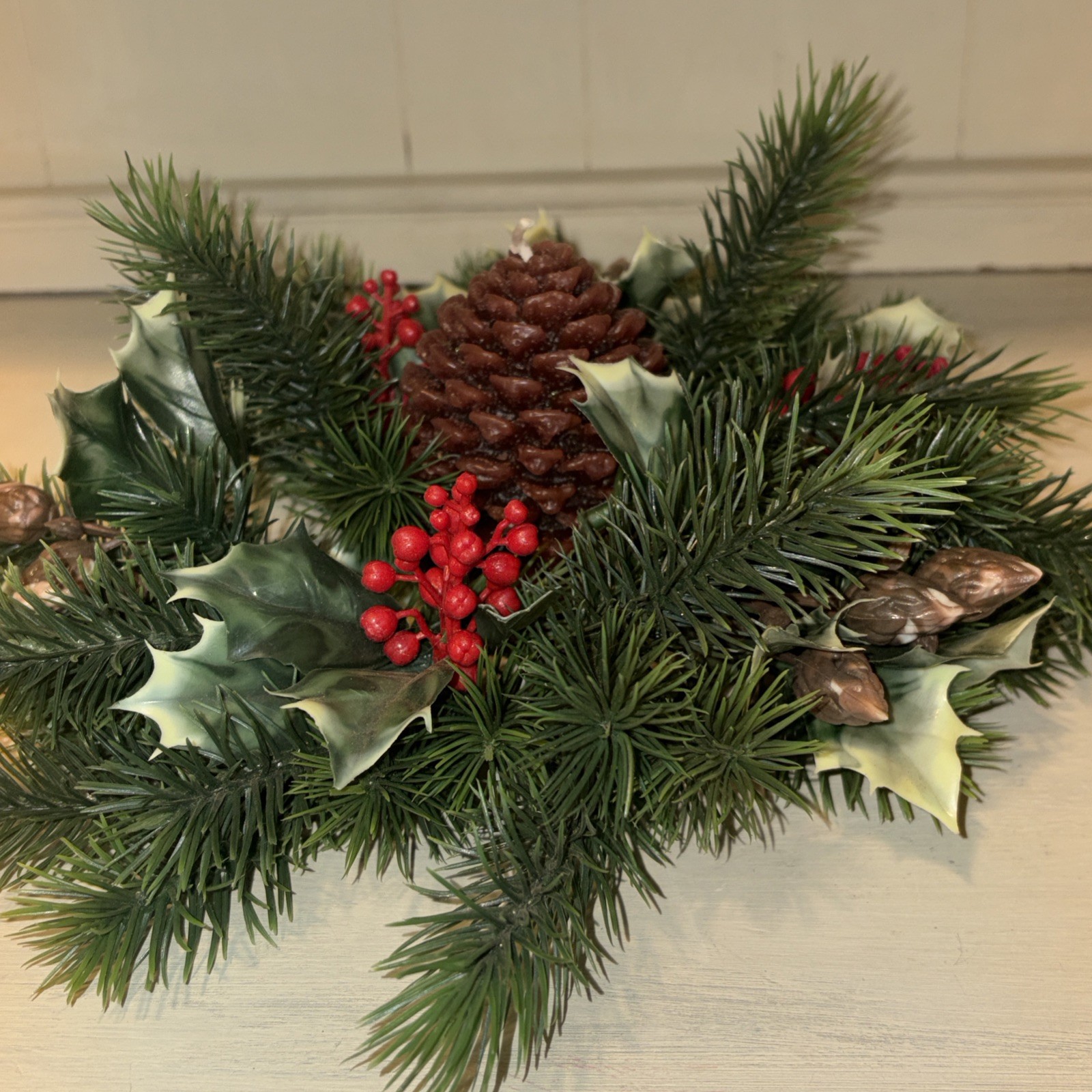 12 ” HOLLY &PINE CANDLE RING center 4.5 opening0 HOLIDAY DECOR