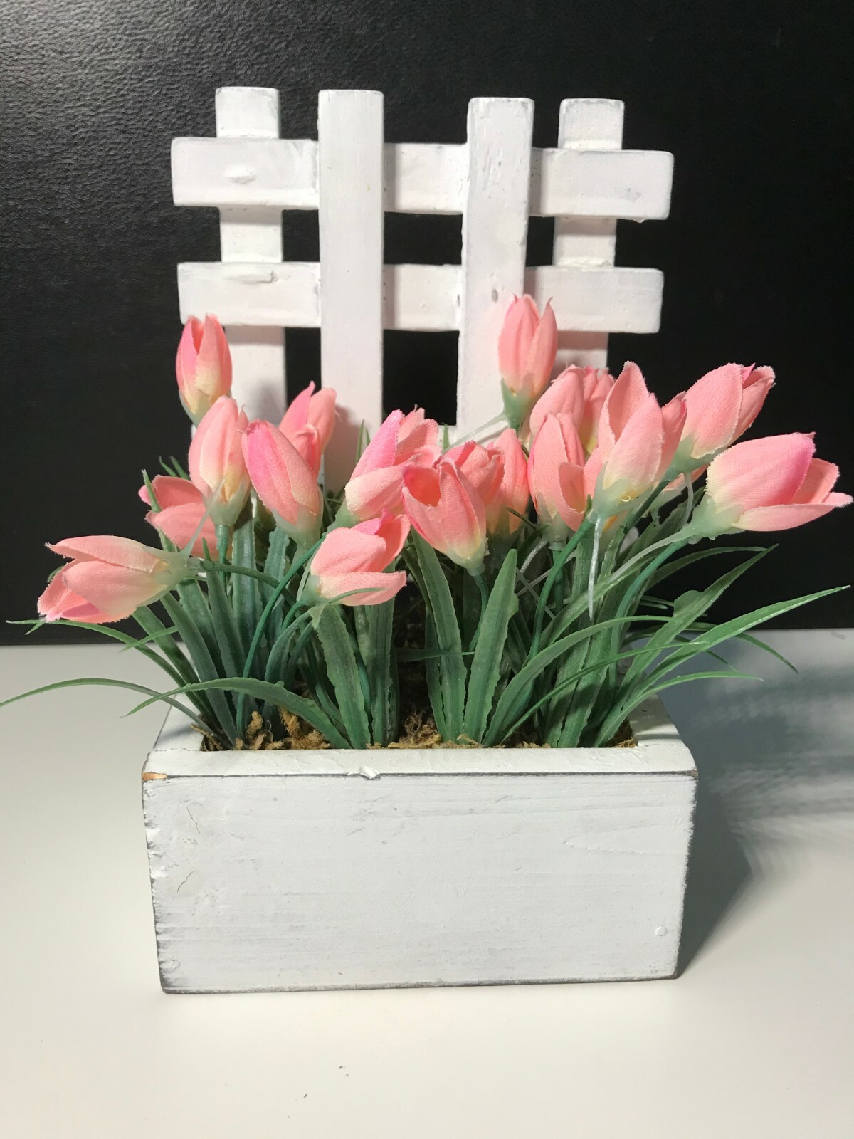 Ganz White wooden floral unit with pink flowers and plastic greens