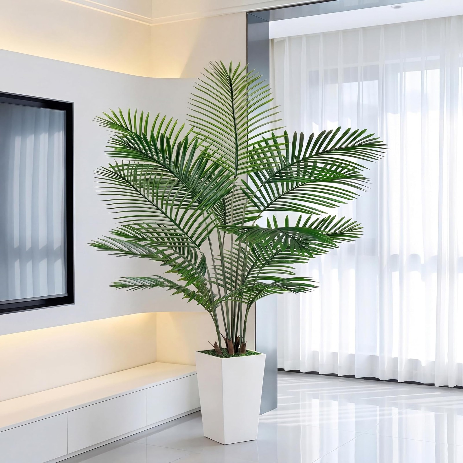 6FT Artificial Palm Tree, Palm Tree 72in Tall Faux with 15.7 White Planter, F…