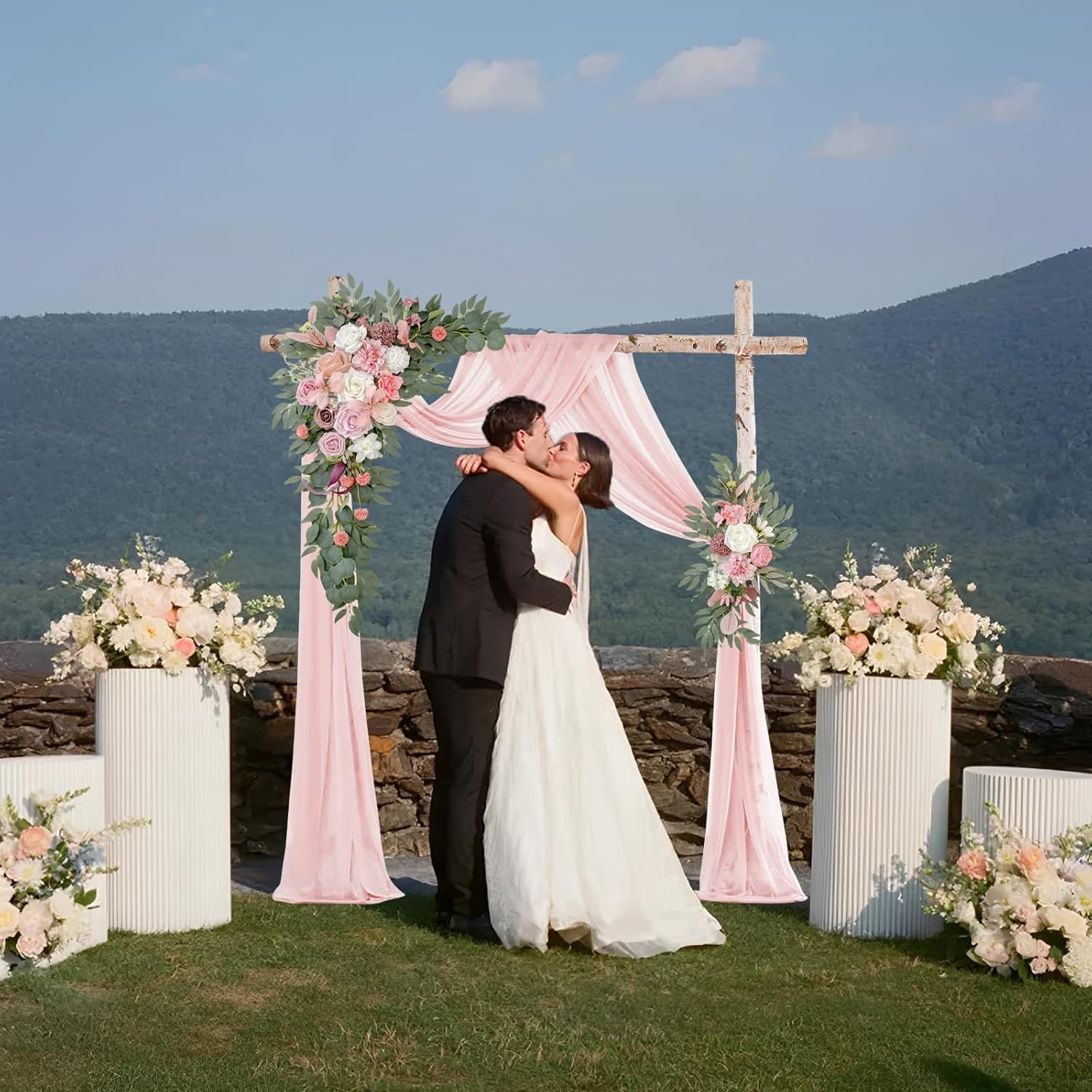 Elegant Wedding Arch with Pink Chiffon, Roses & Eucalyptus Decor
