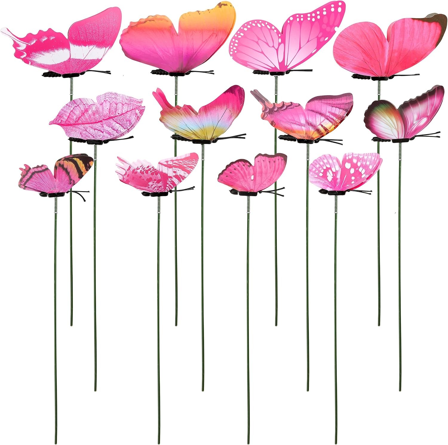 12pcs Pink Butterfly Plant Stakes Garden Decor Metal Flower Pot Sticks