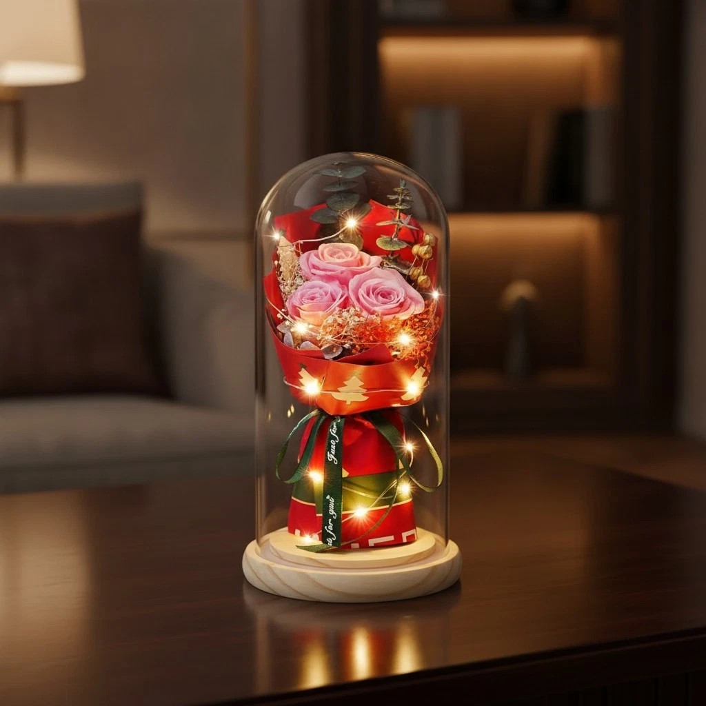 Preserved Flowers in Glass for Her,Pink Real Rose Bouquet with LED Light Eternal
