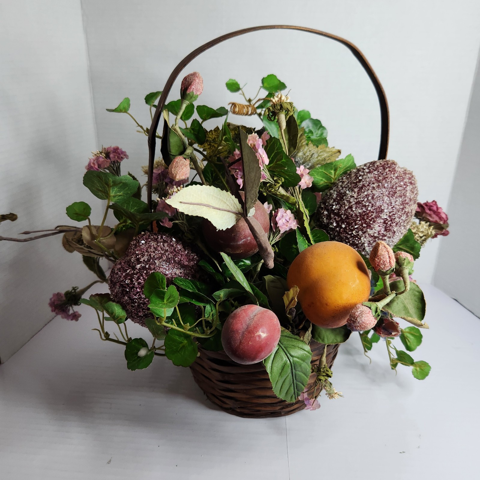Vintage Floral Fruit Basket Centerpiece Cottagecore Rustic Farm Decor Handle