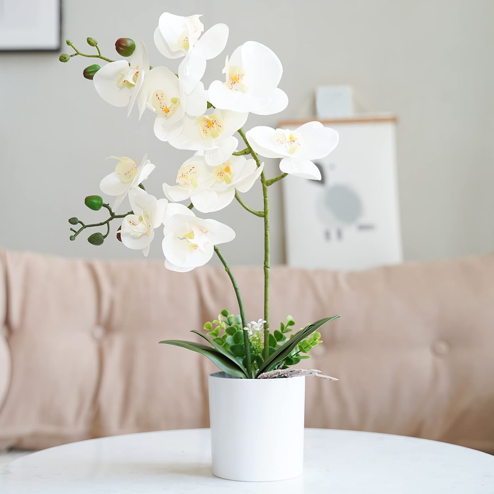 Artificial Orchid Flower Potted, 16.9″ White Orchid in Pot Faux Plant with 2 …