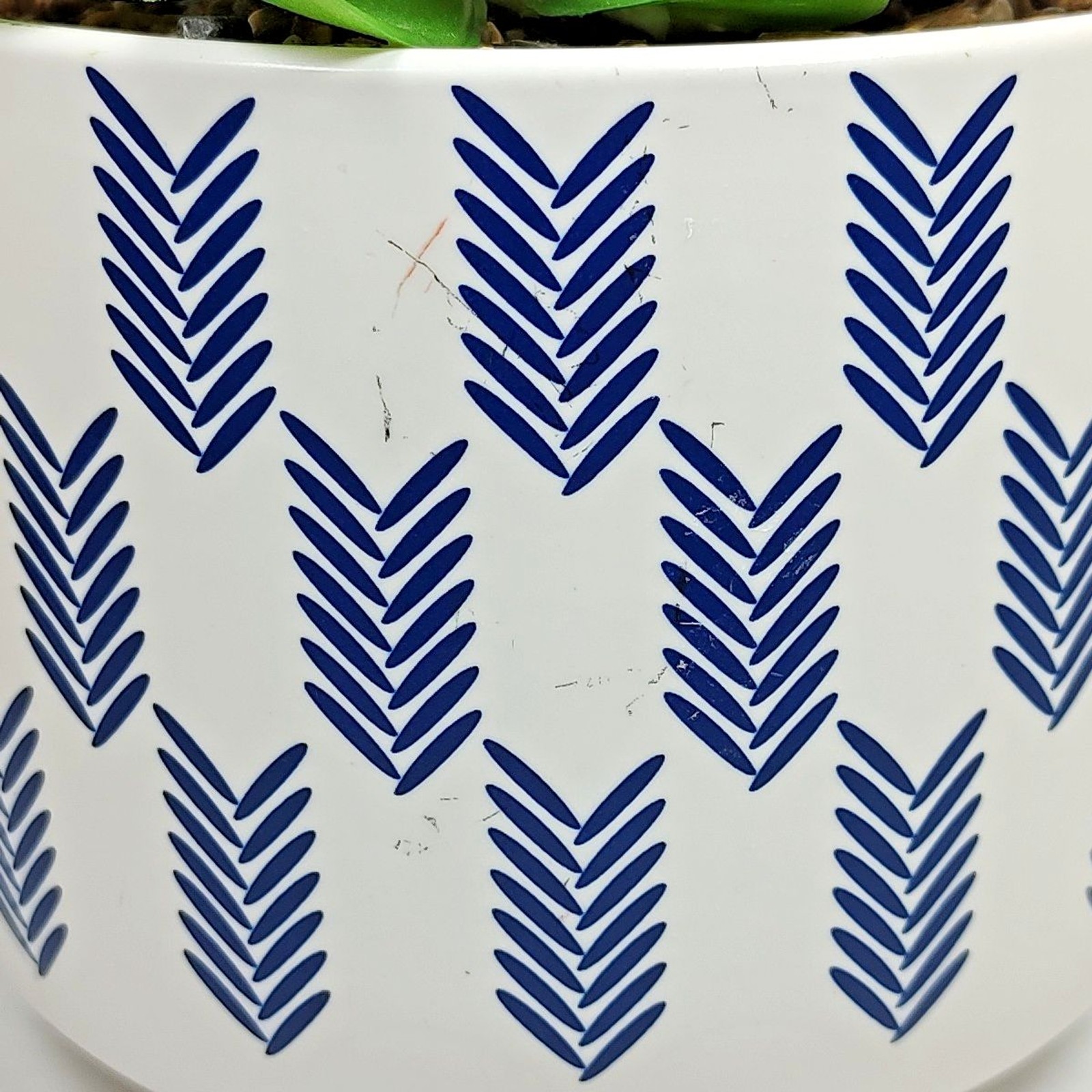 Modern Coastal Artificial Succulent Potted Houseplant Navy Blue White Chevron