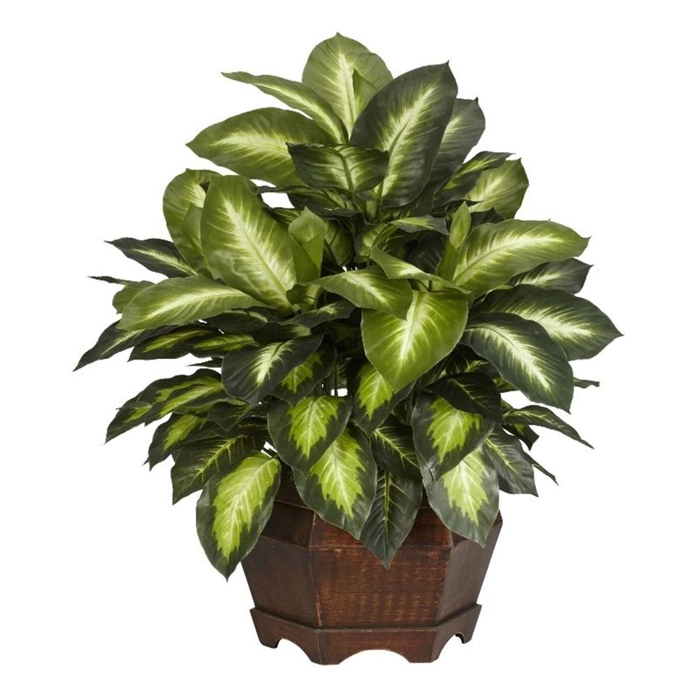 Nearly Natural 24″ Golden Dieffenbachia Silk Plant & Hexagon Base in Green/Brown