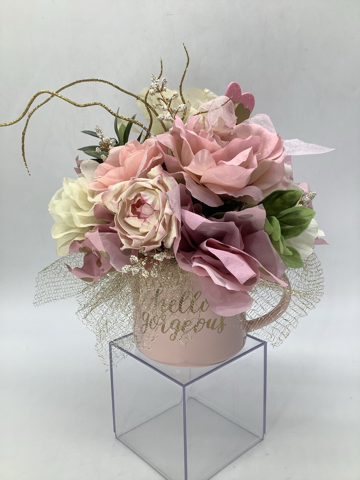 Handmade Valentines Day “Hello Gorgeous” Coffee Mug Pink Gold Floral Arrangement