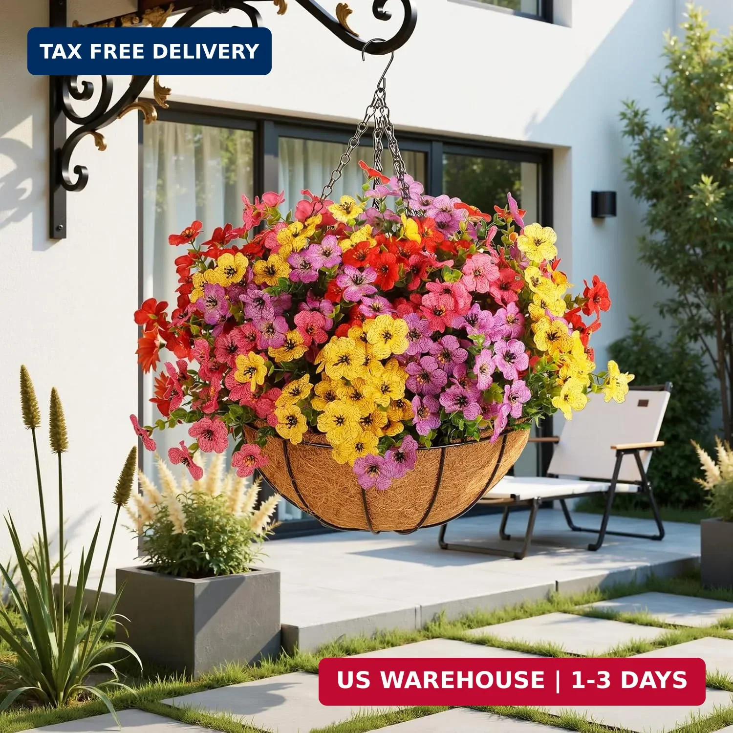 Artificial Outdoors Flowers with Hanging Basket, UV Resistant Fake Hanging Flowe