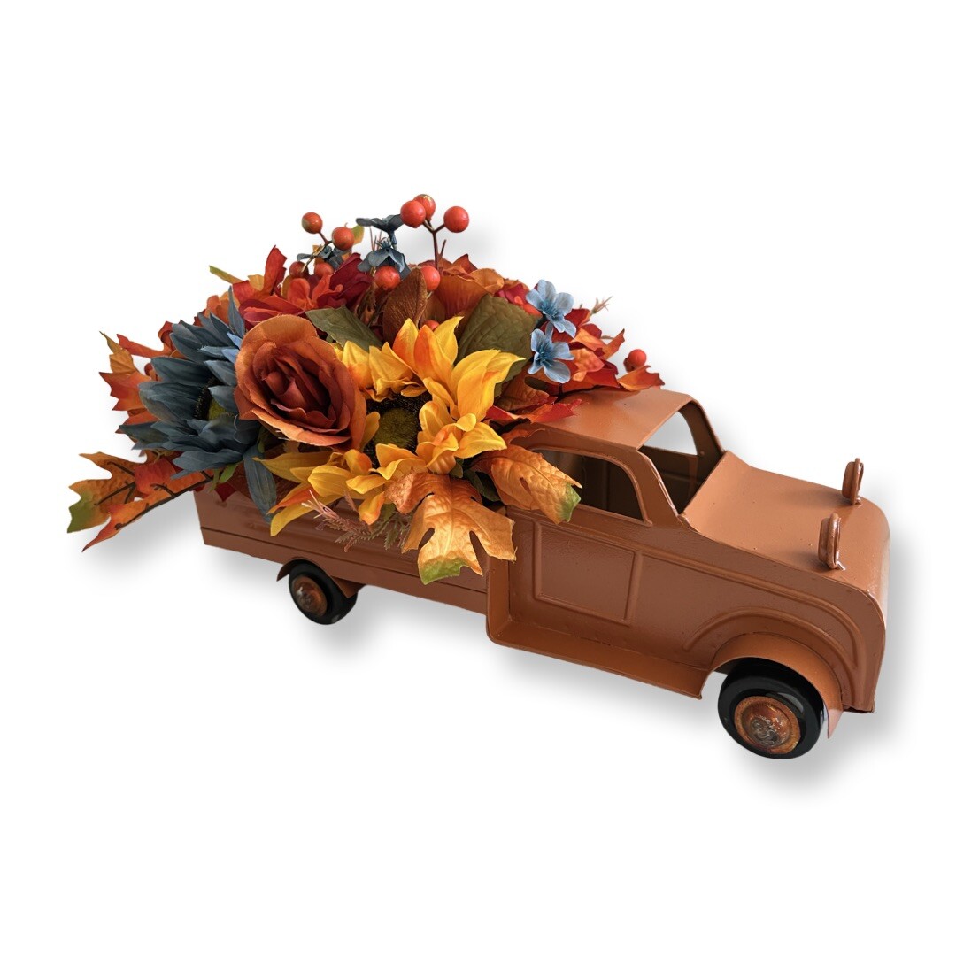 Large Autumn Table Top Old fashion Truck Floral Arrangement 19in Long