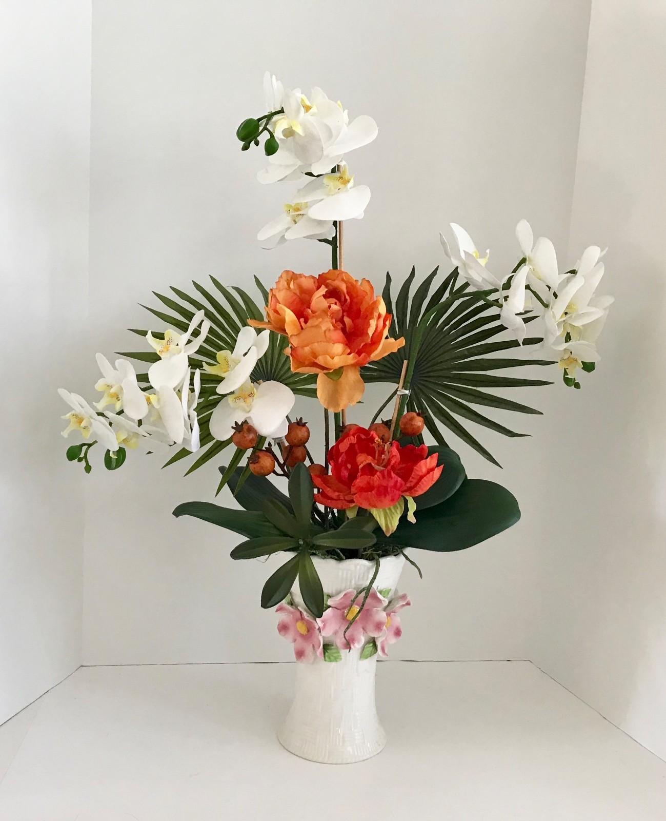 Decorative White Silk Orchids and Orange Roses with Palm Branchs Green Foliage