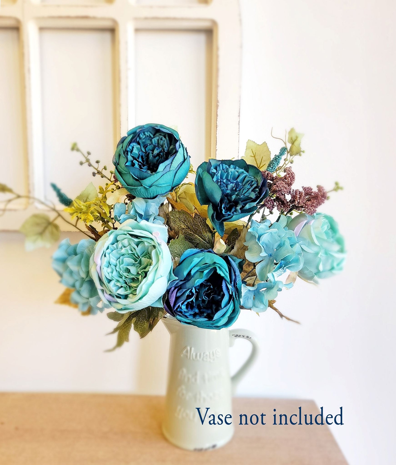 Cabbage Rose and Hydrangea Berry Bush, 20″H, Teal (Bush Only, Vase not included)