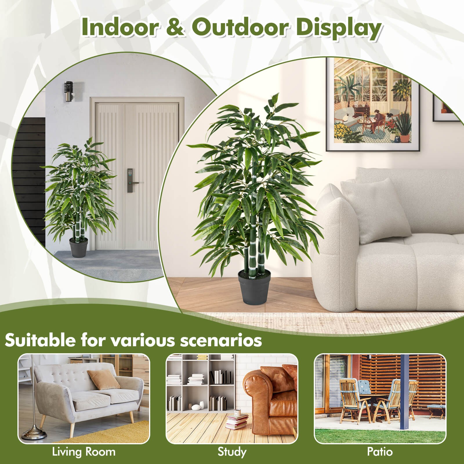 50″ Tall Artificial Potted Tree w/3 PE Bamboo Trunk Flush Leaves Realistic Soil
