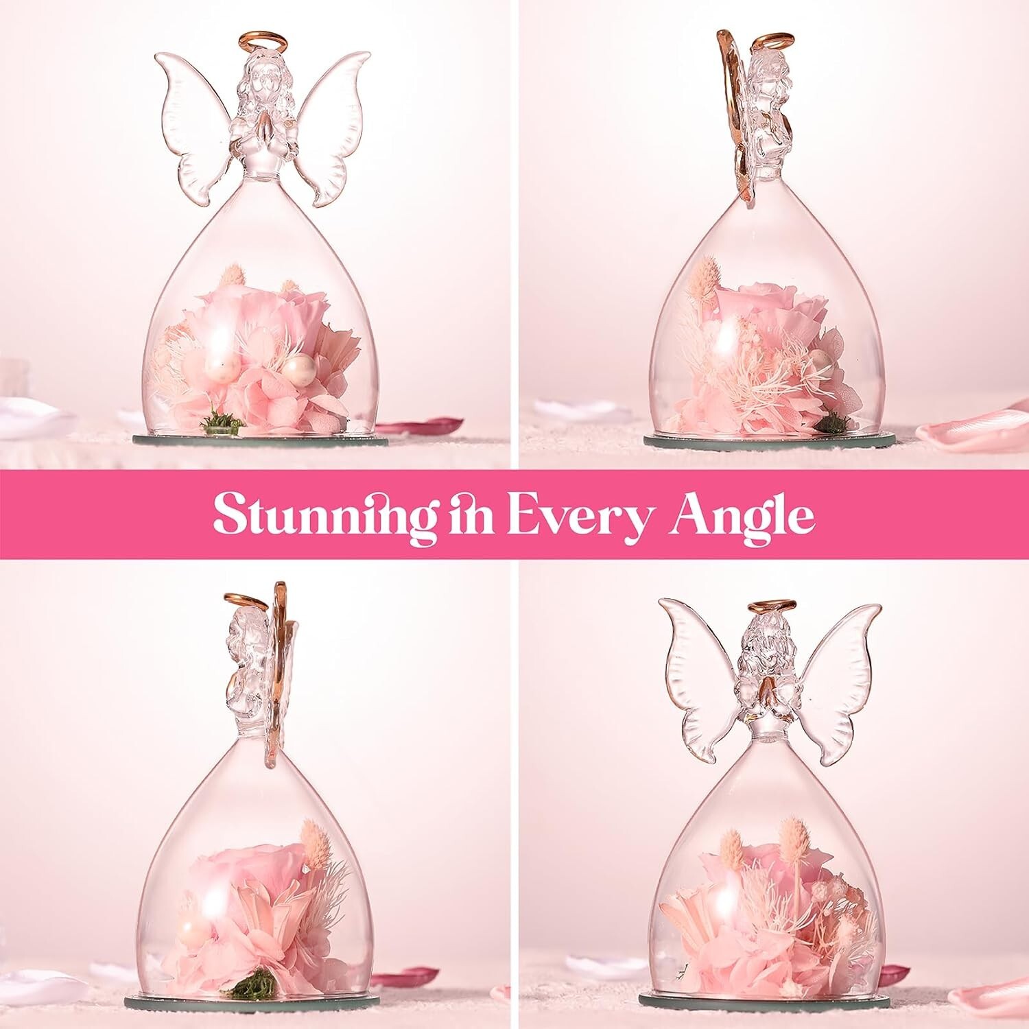 Preserved Flower Rose in Glass Angel Figurines Valentines Day Gifts for Mom NEW