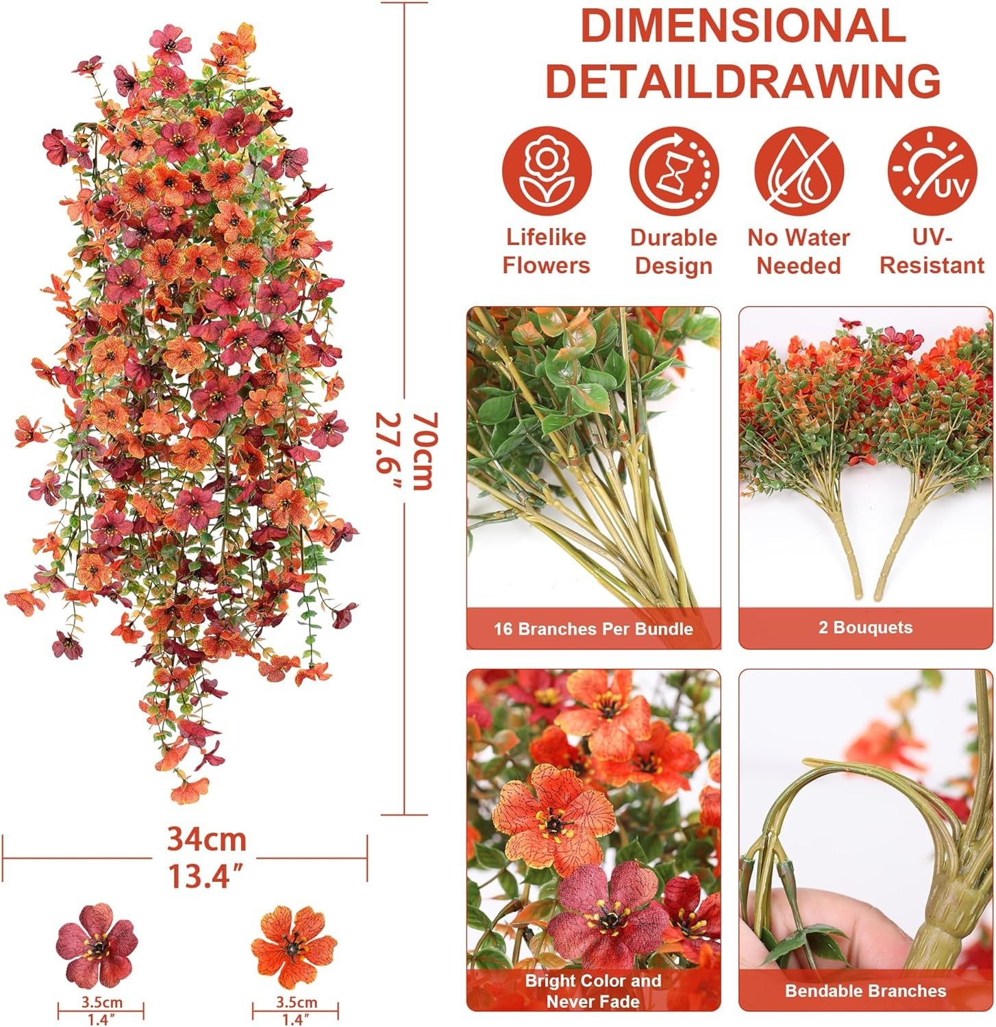 Flores Artificiales Otono 2Piezas Colgantes Exterior Resistentes UV Naranja Rojo