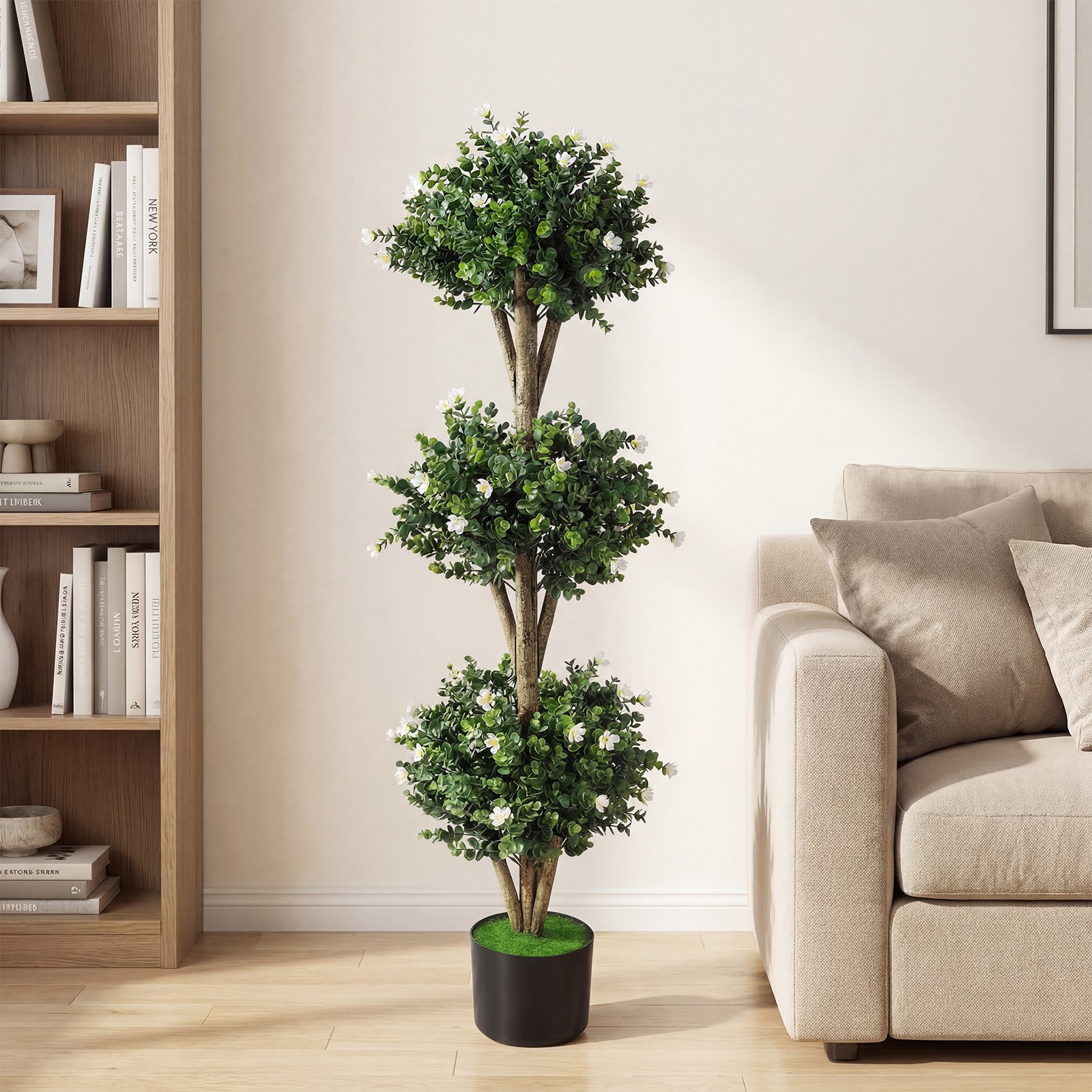 51” Artificial Triple Ball Boxwood Topiary Tree with 59 Blossoms for Porch Home