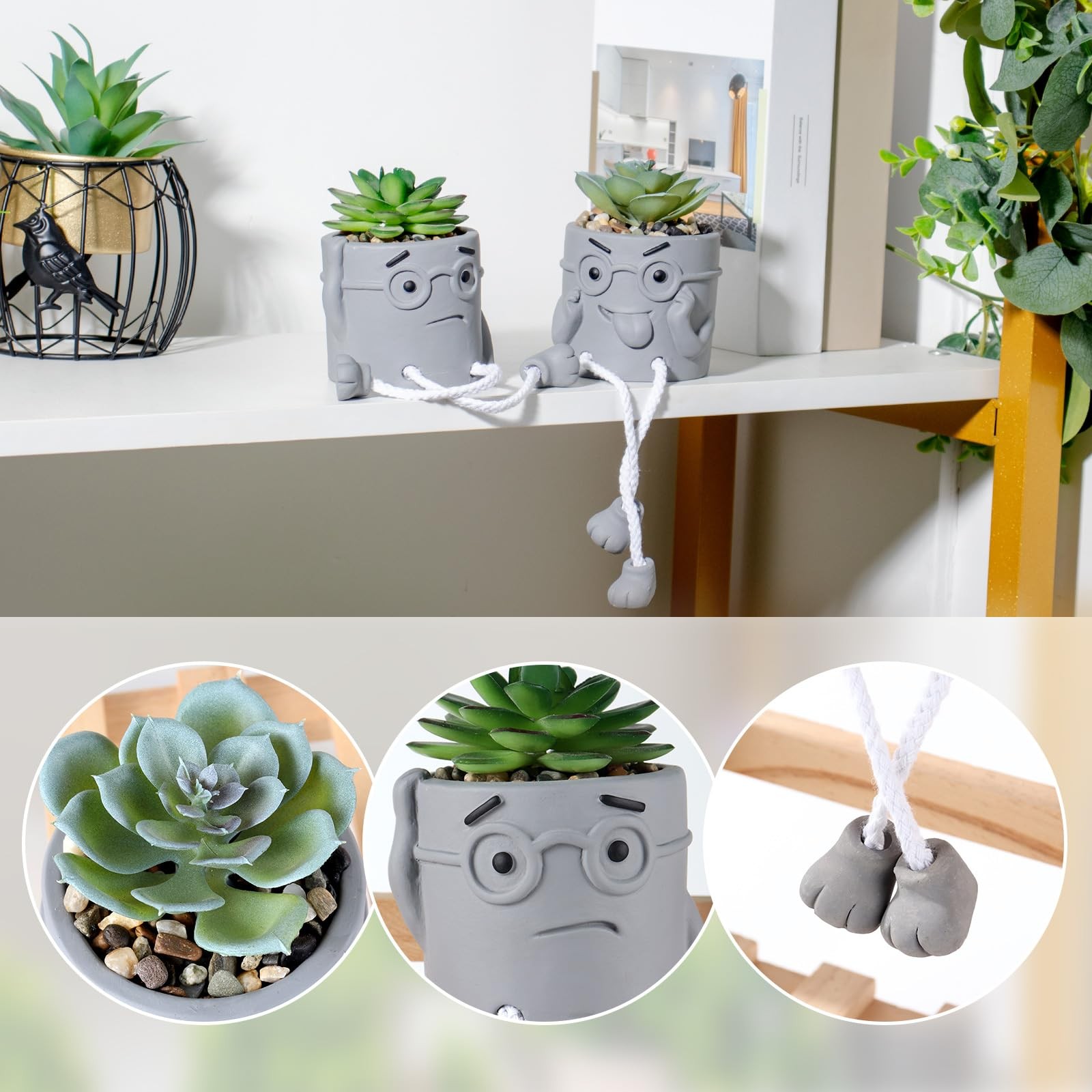 2 PCS Gray Cute Fake Succulent Plant Shelf Sitter Dangling Leg Desk Decor