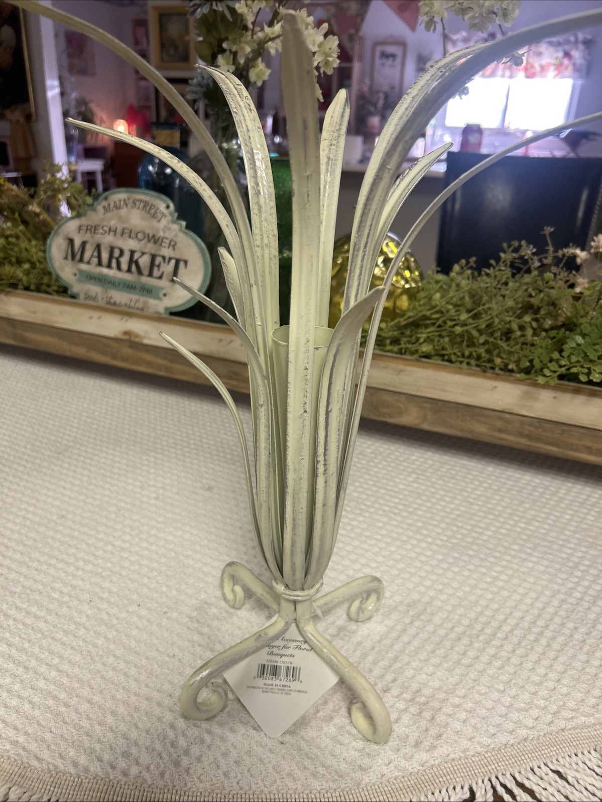 Vintage French Bouquet Holder Aged White Metal Displayer For Floral Cottage New