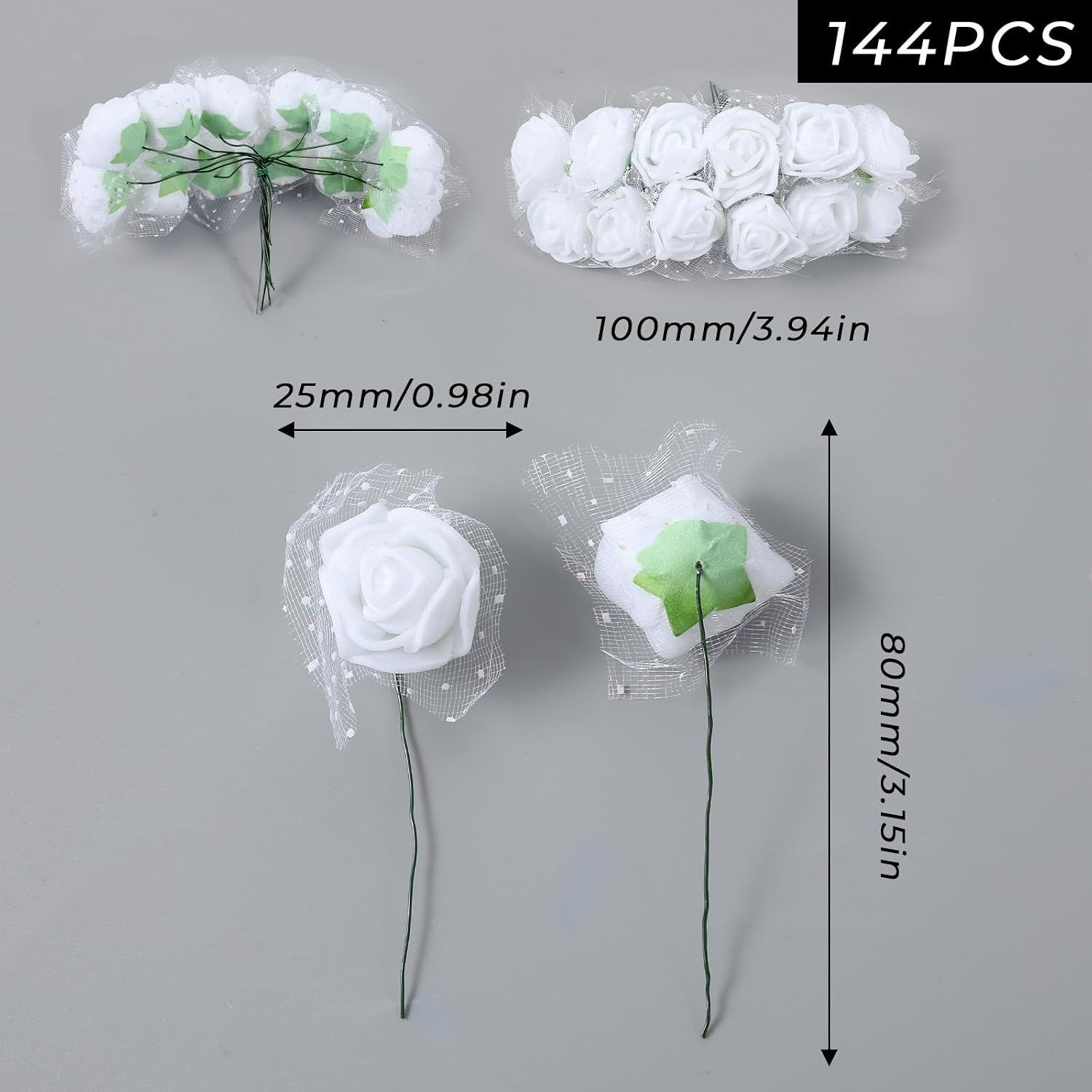 144Pcs Mini Artificial Rose Flower Heads and Soft Stem Small White Flowers with