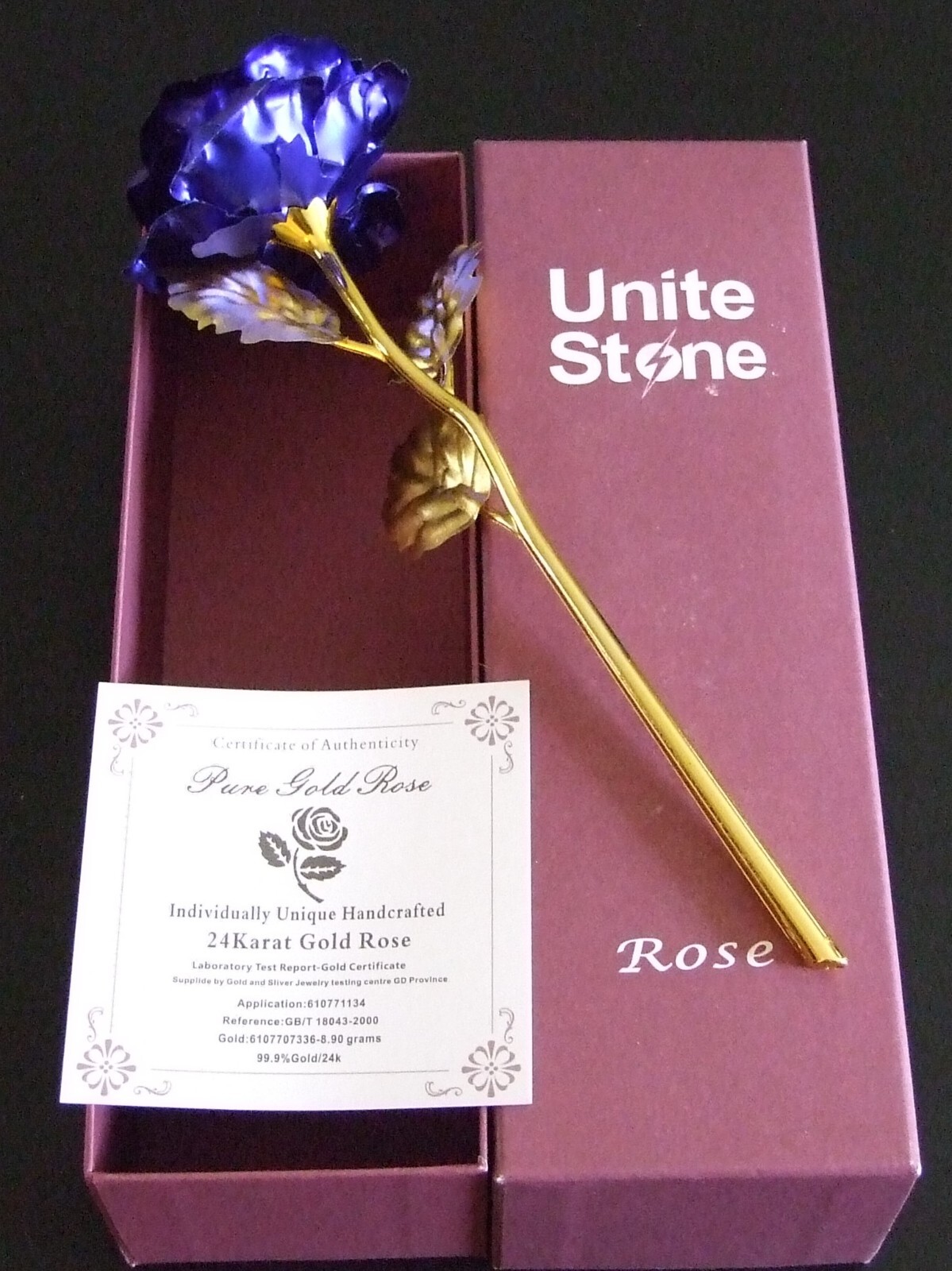 Brand New Artificial 24K Gold Blue Flower Rose (9x3inch)