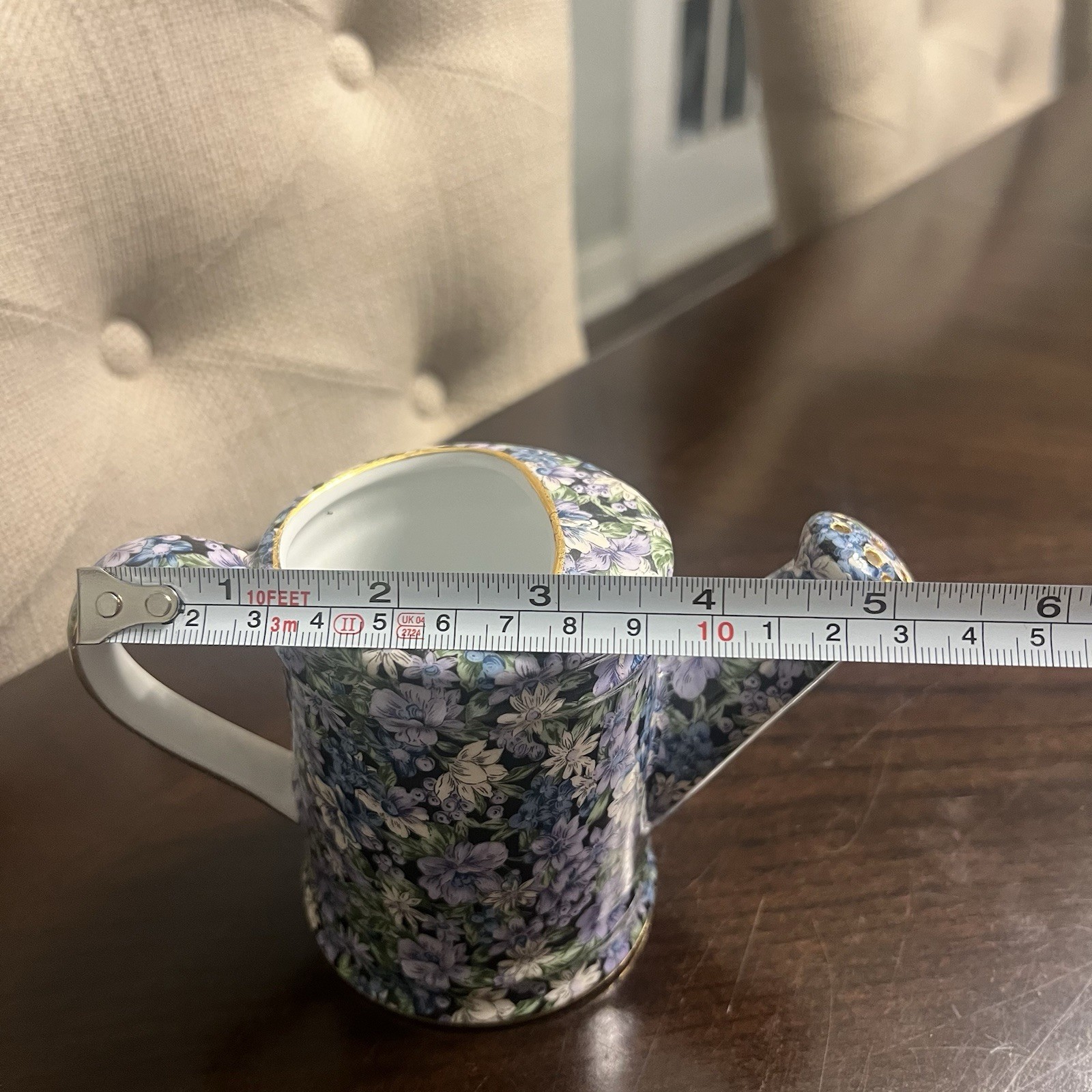Porcelain Watering Can Two’s Company Mollie Blue Purple Chintz Floral Gold 4”