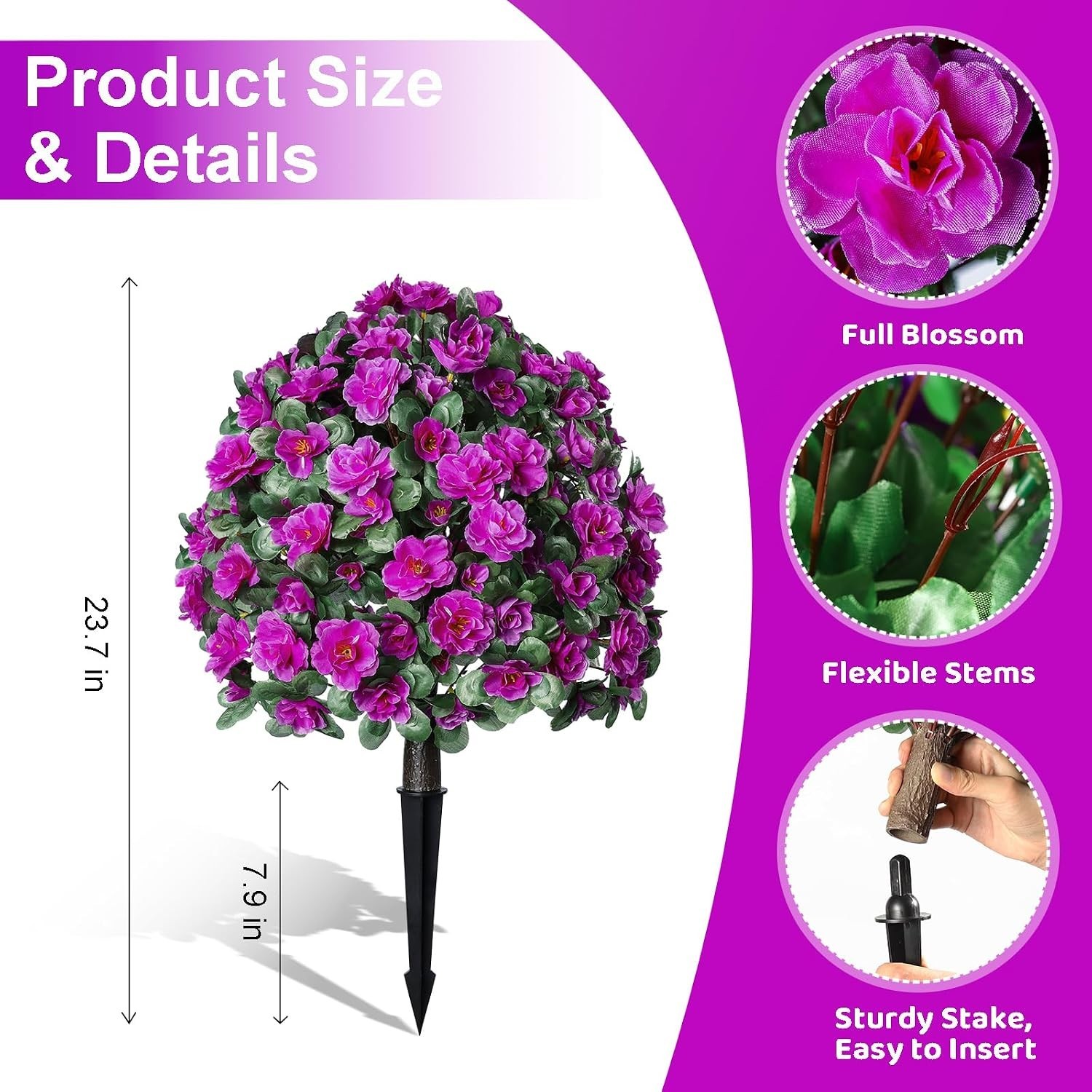 Artificial Flowers for Outdoor with Ground Stakes, 22″ Faux Azalea Silk Flora…