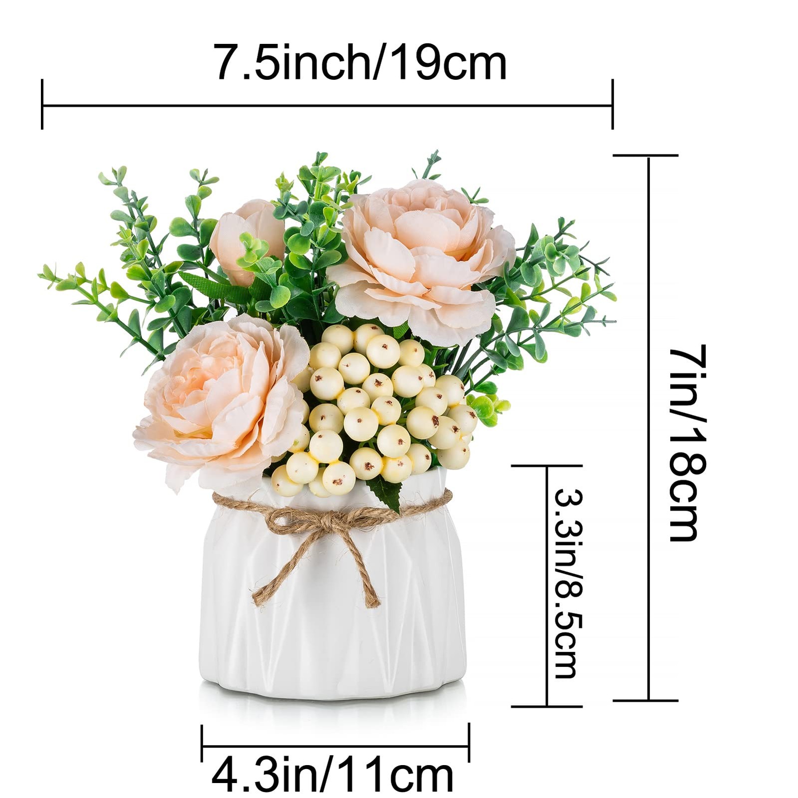 2 PCS 7 Inch Pink Silk Roses Artificial Flower Arrangement In Vase Decor