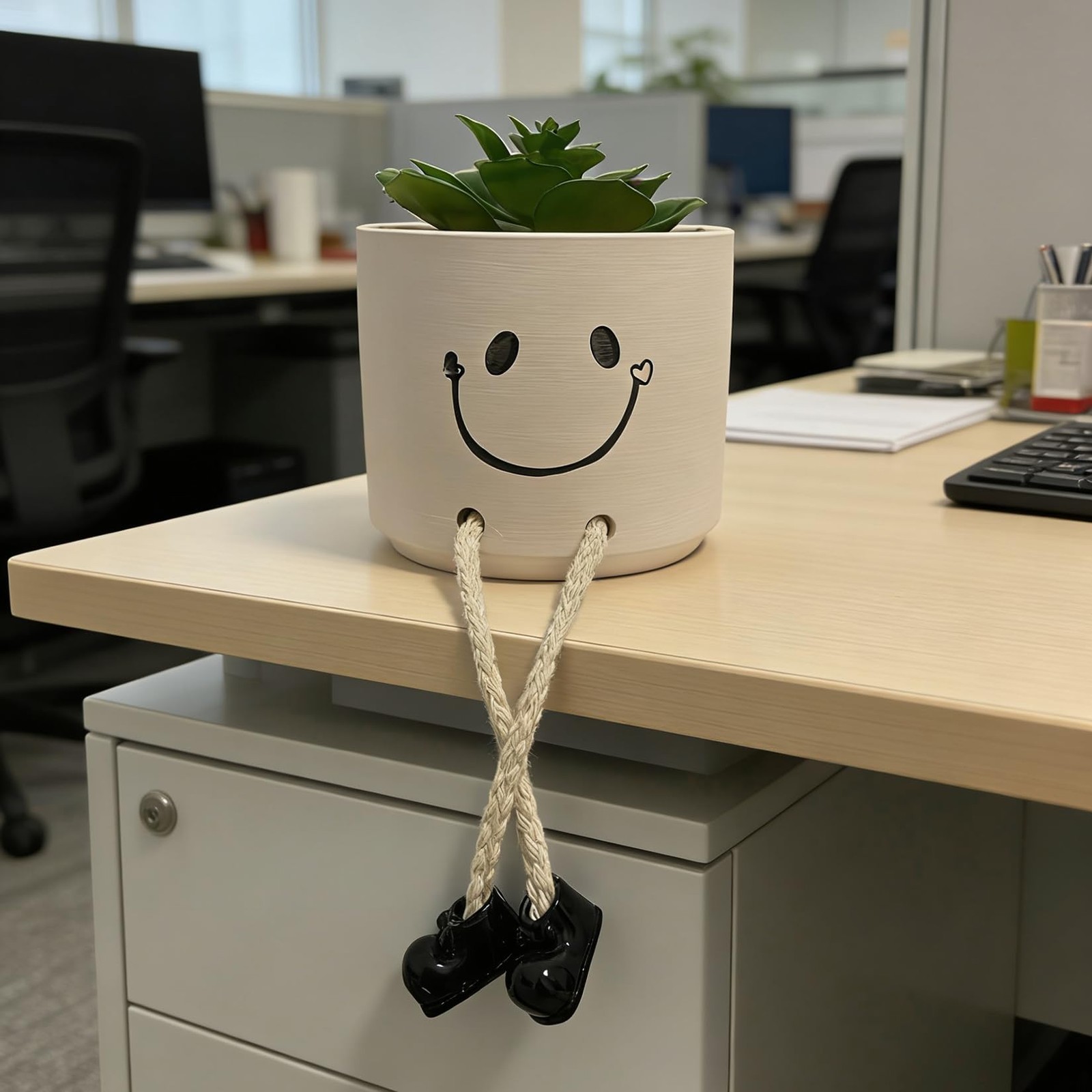 Small Fake Plants Office Decor, Cute Smiling Ceramics Planter with Artificial…