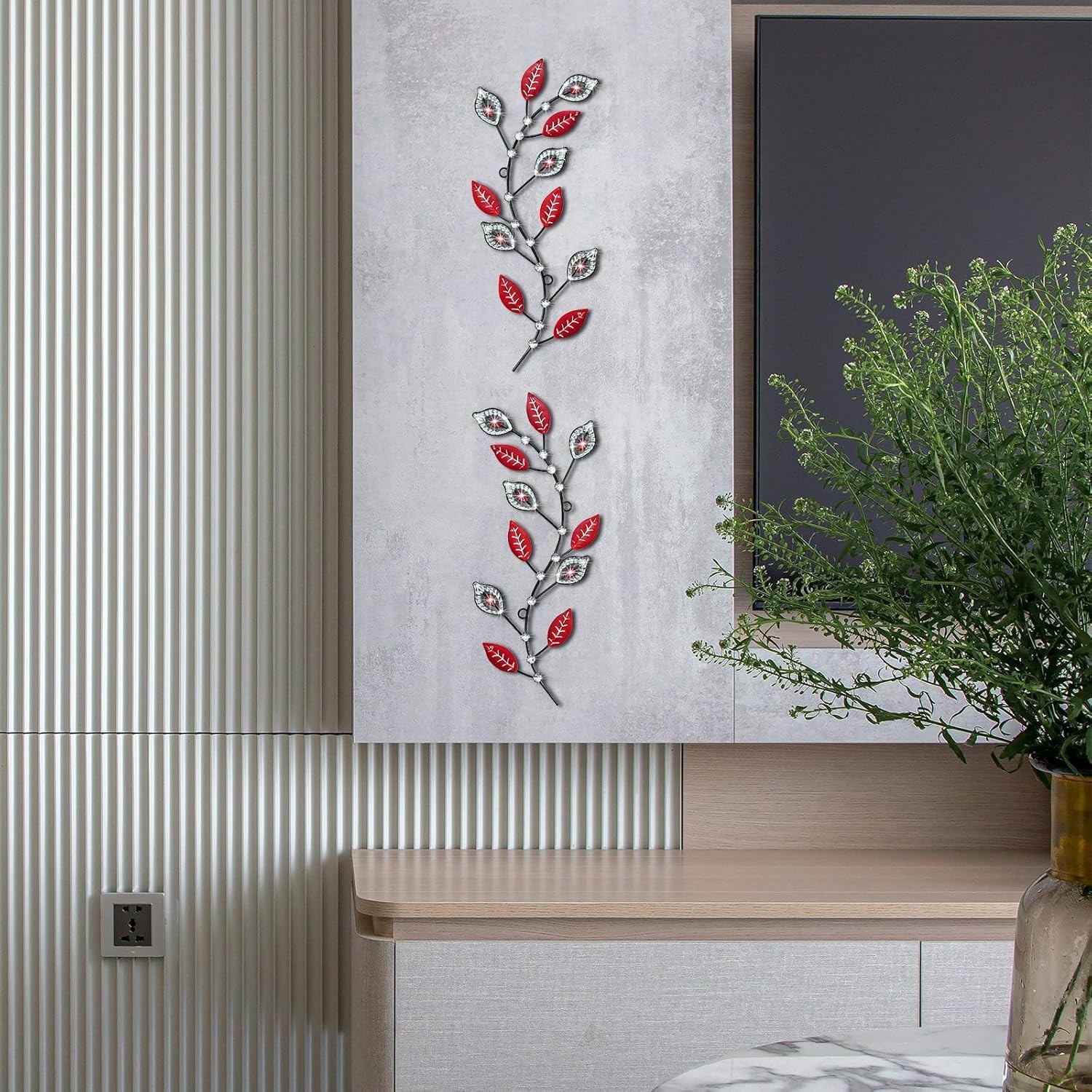 2Pc Metal Tree Leaf Wall Art 3D Rhinestone Iron Branch Hanging Decor Red