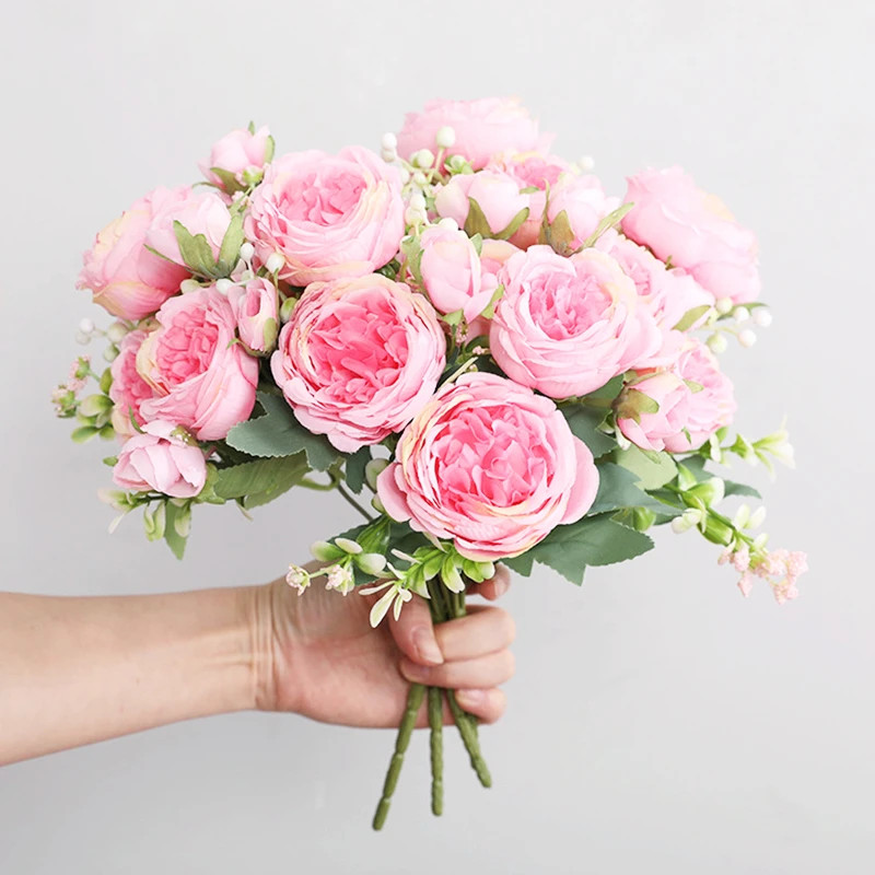 30cm Rose Pink Silk Peony Artificial Flower Bouquet 5 Heads 4 Buds for Decoratio