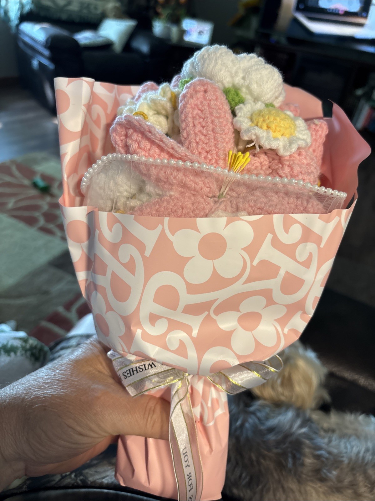 HANDMADE Crochet Yarn Daisy Flower Bouquet, Artificial Pink/White/Yellow NIB