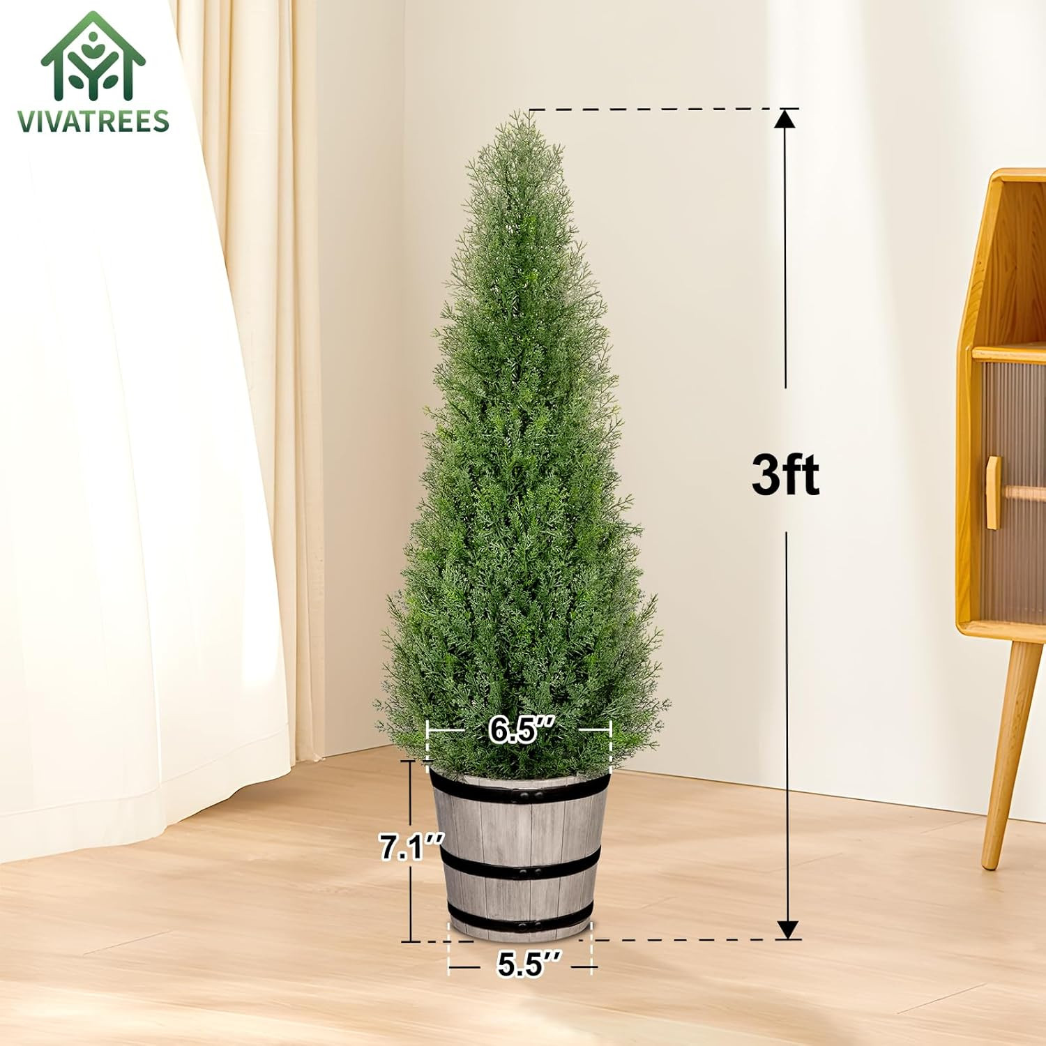 3FT Artificial Cedar Topiary Trees with Rustic Barrel Planter, Outdoor Indoor Re