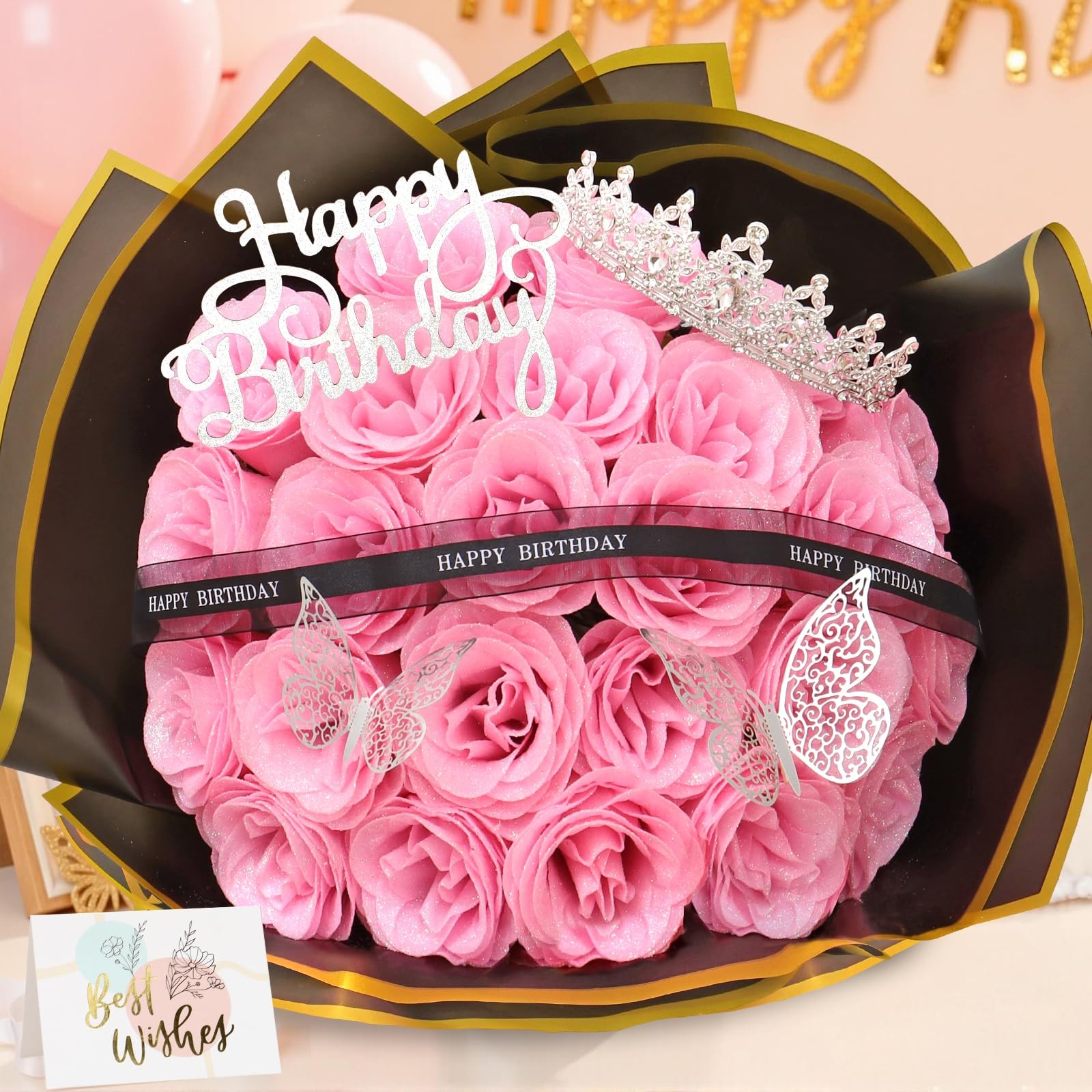 Glitter Roses Bouquet 24 Pink DIY Gift for Women Mom – Birthday Decor