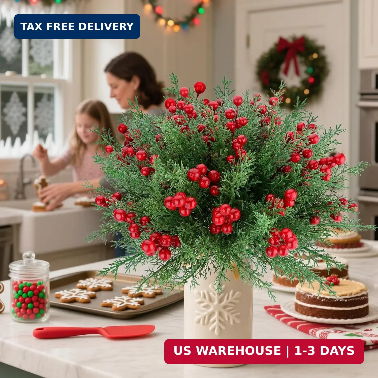 ICEROYCE 4 Bundles 140 Pcs Artificial Christmas Flowers with Red Berry Stems, Fa