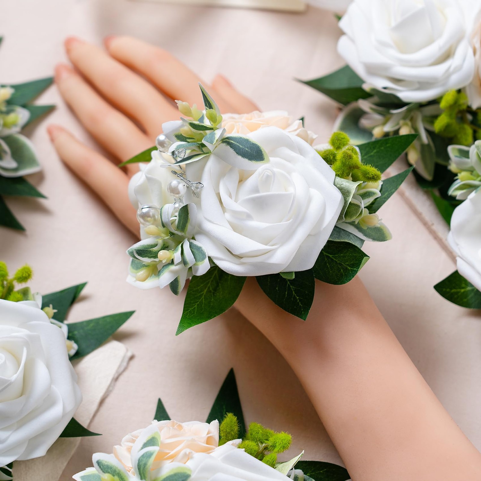 6 PCS White Wrist Corsage Homecoming Flower Girl Bridesmaid Wedding Prom Decor