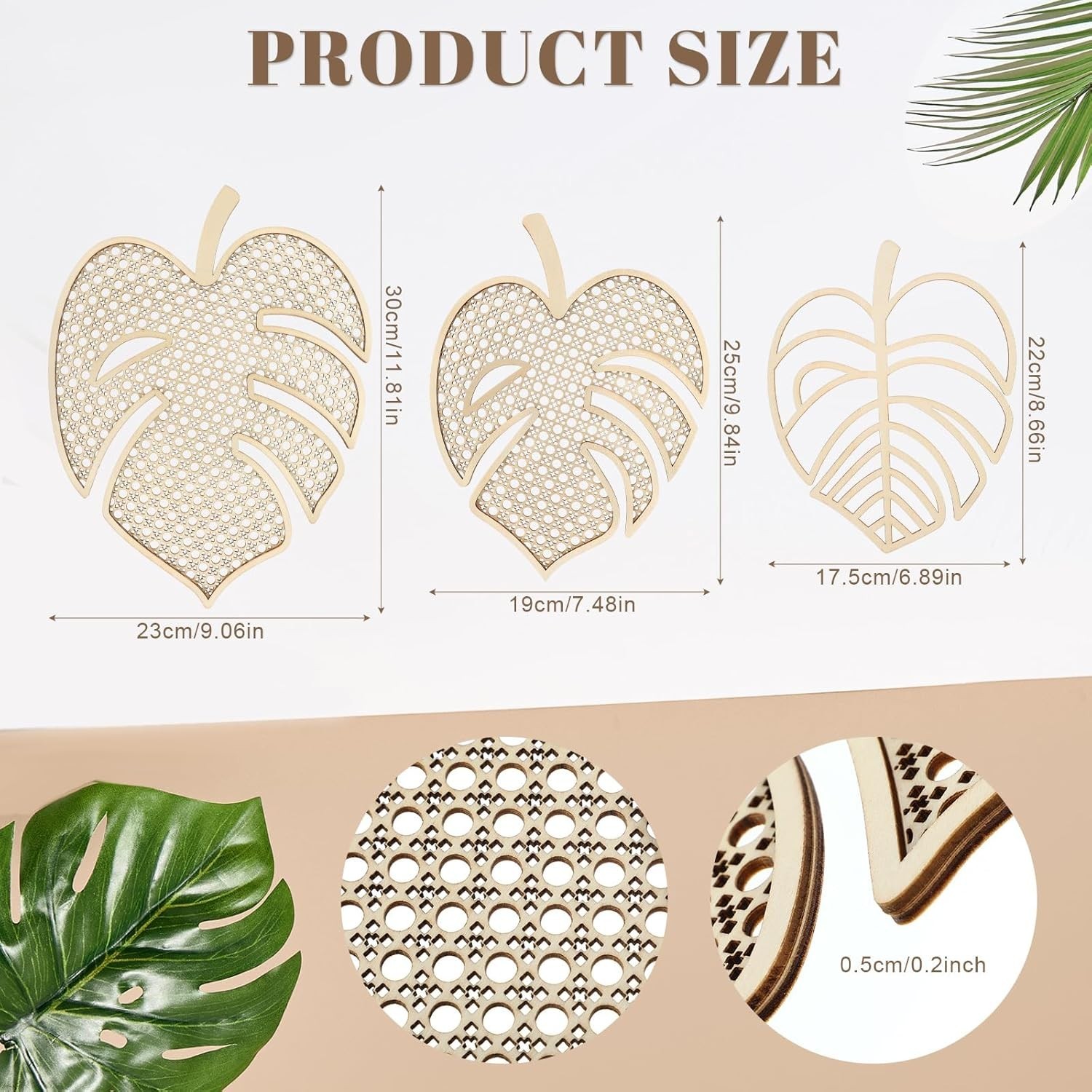 3 Pcs Wooden Rattan Palm Tree Wall Decor Monstera Leaf Wooden Boho Art Tropical