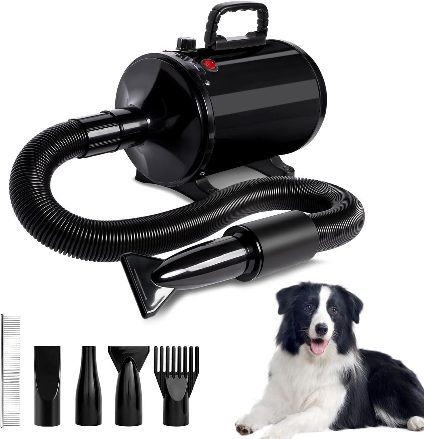 High Velocity Dog Hair Dryer with 4 Nozzles, Adjustable Speed & Temp Control