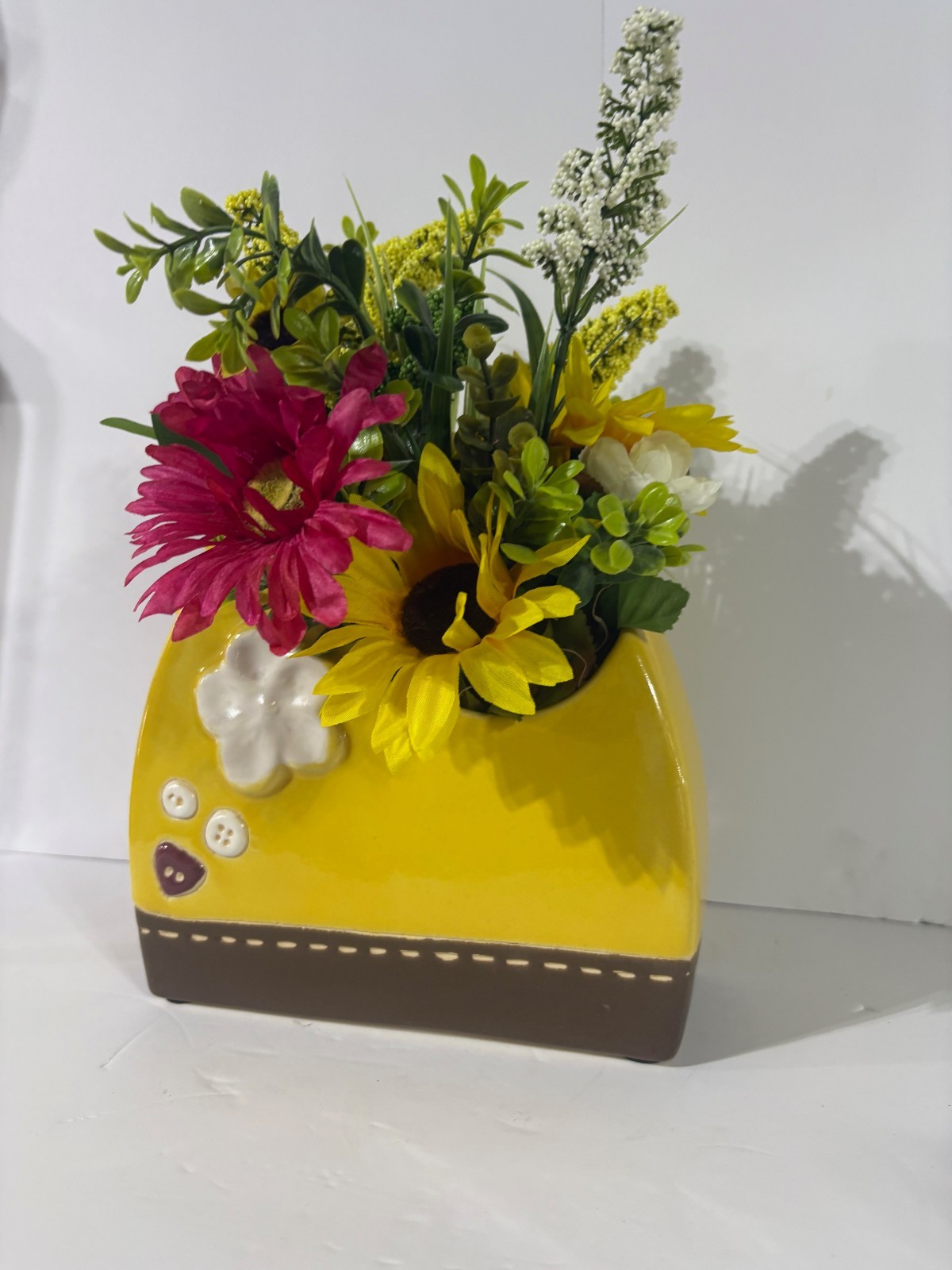Handmade Floral Arrangement in Whimsical Yellow Ceramic Planter – Sunflower
